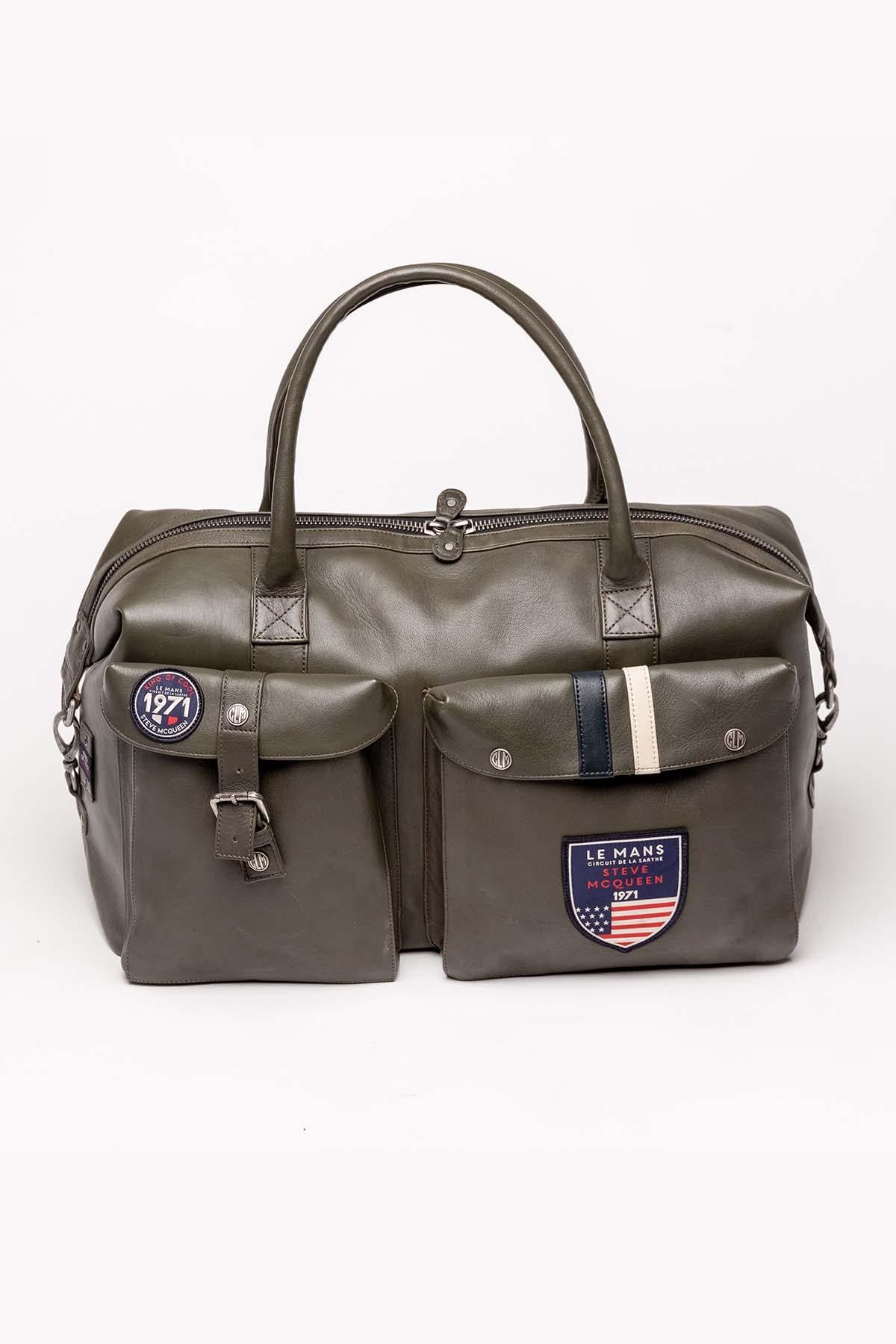 Dark khaki leather travel bag 48h format - Image n°1