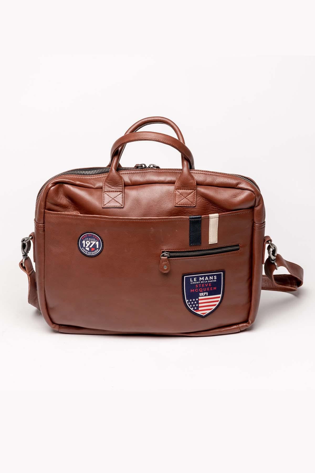 Tortoise brown leather satchel for men - Image n°1