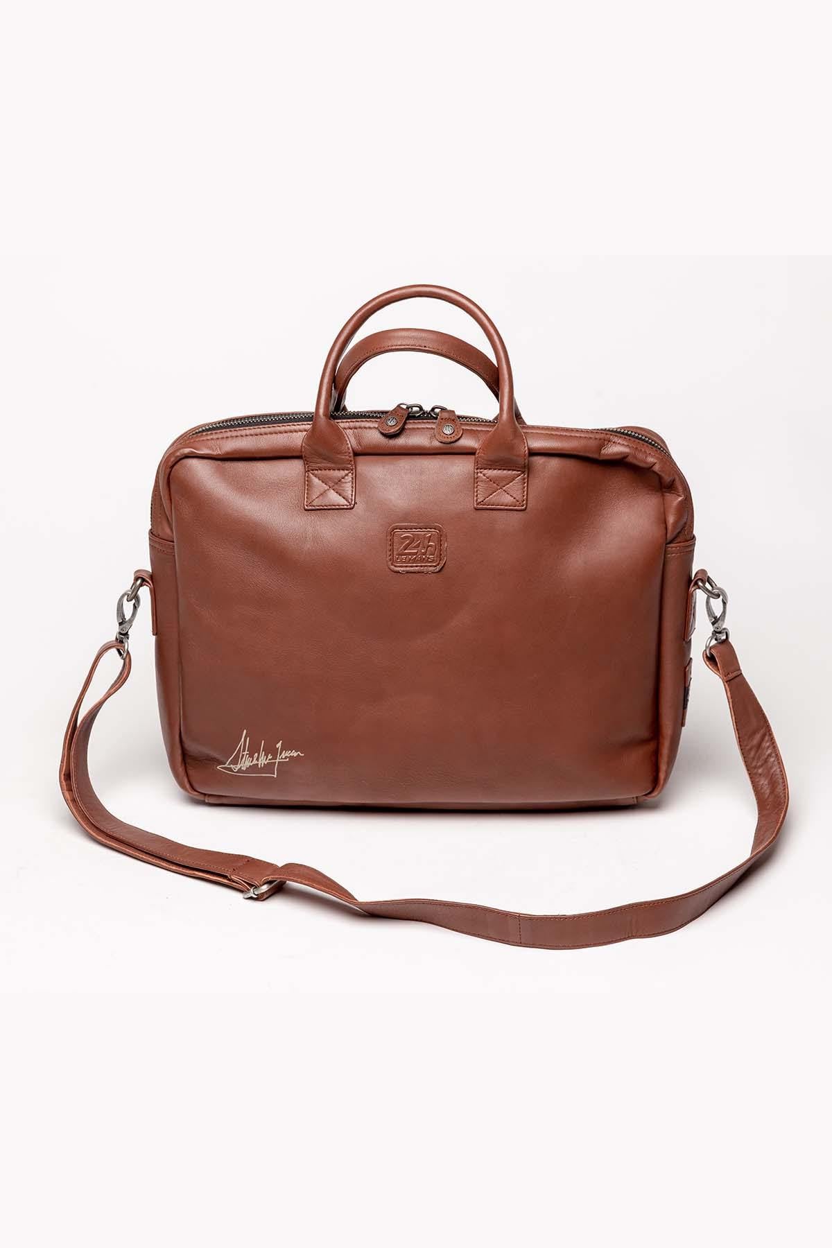 Tortoise brown leather satchel for men - Image n°3