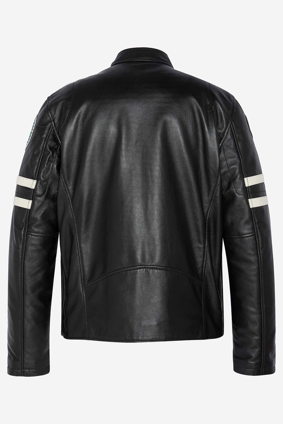 Men's black leather biker jacket with patch - Image n°11