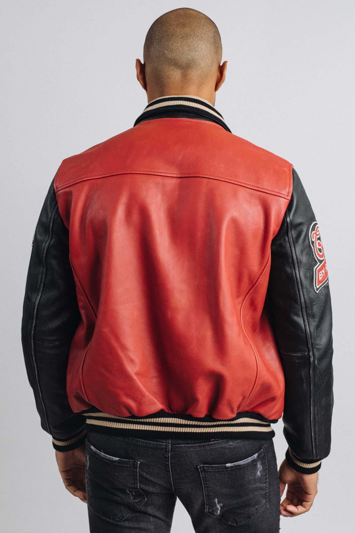 Red and black leather varsity teddy for men - Image n°4