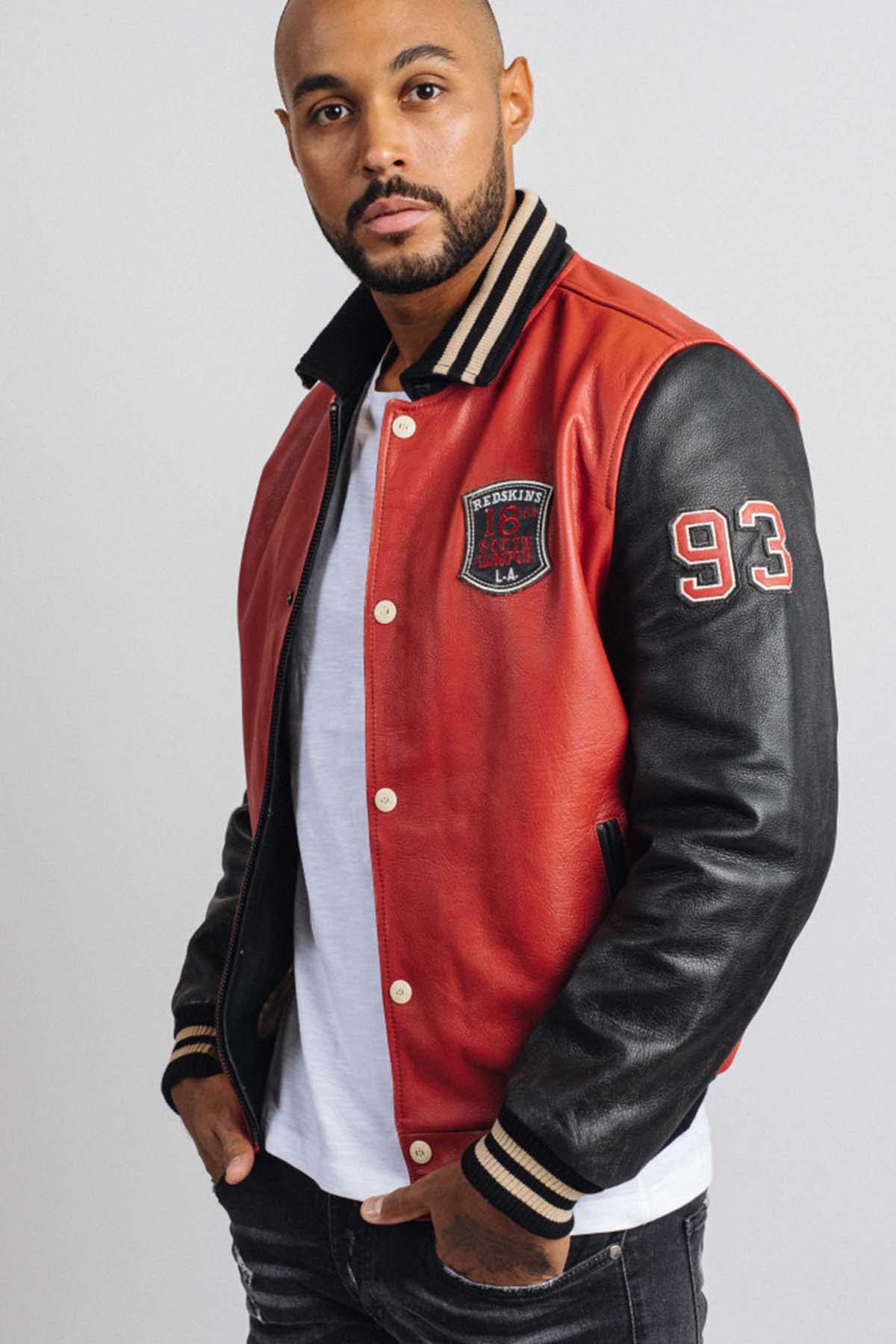 Red and black leather varsity teddy for men - Image n°1