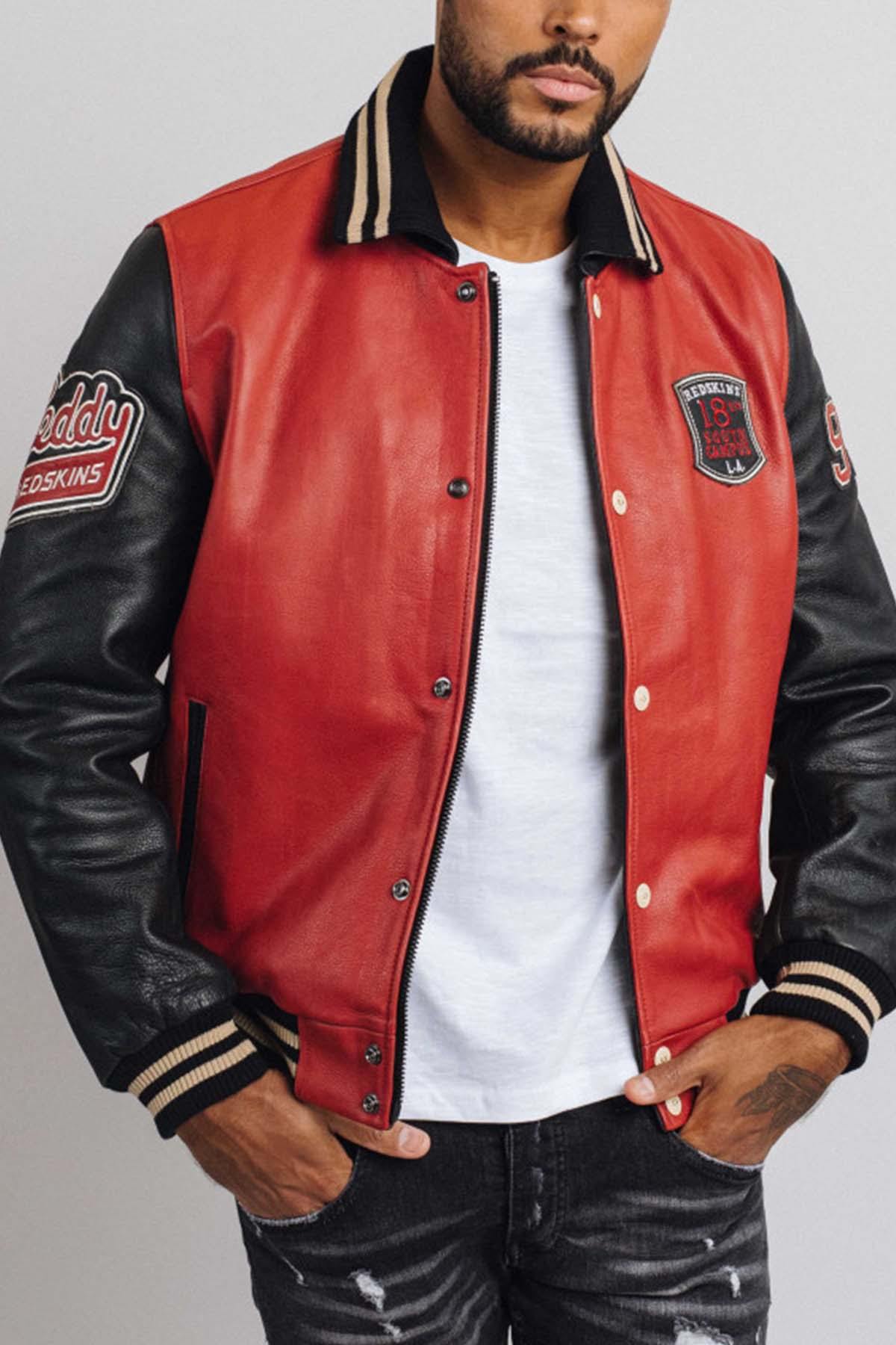 Red and black leather varsity teddy for men - Image n°7