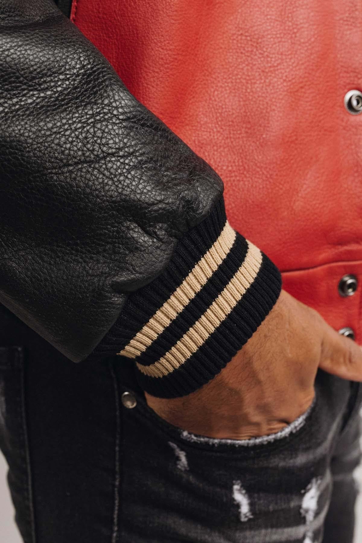 Red and black leather varsity teddy for men - Image n°8