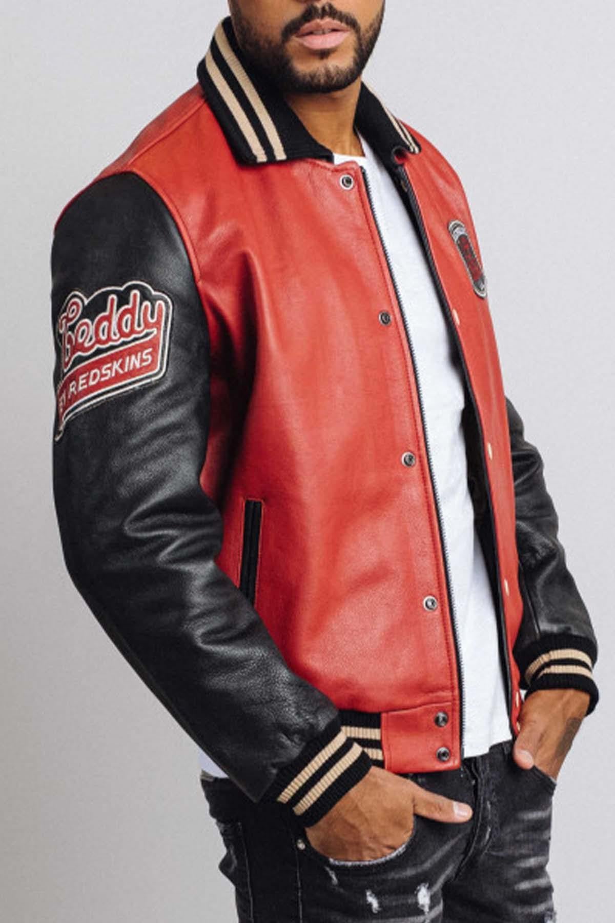 Red and black leather varsity teddy for men - Image n°2