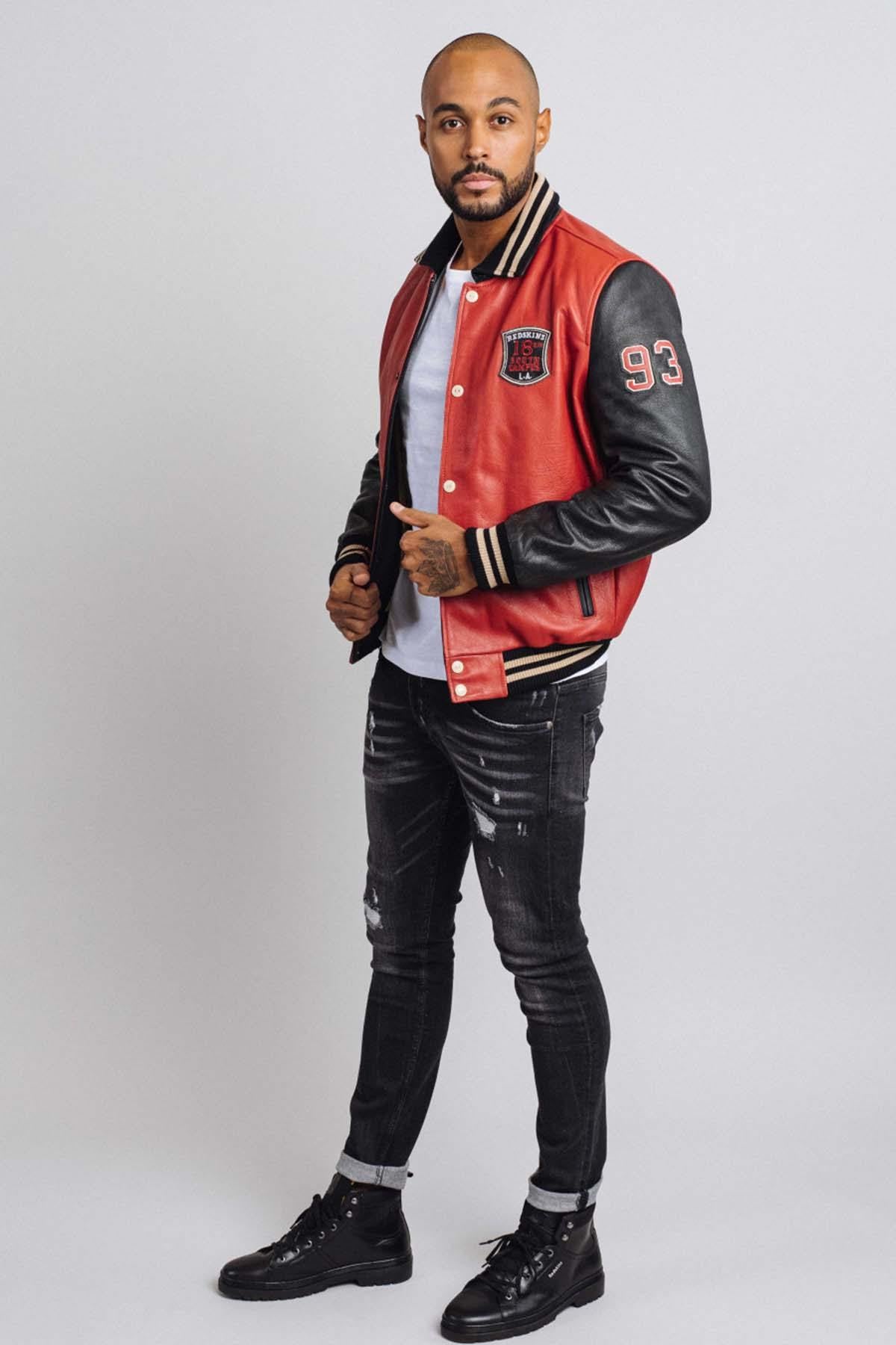 Red and black leather varsity teddy for men - Image n°3