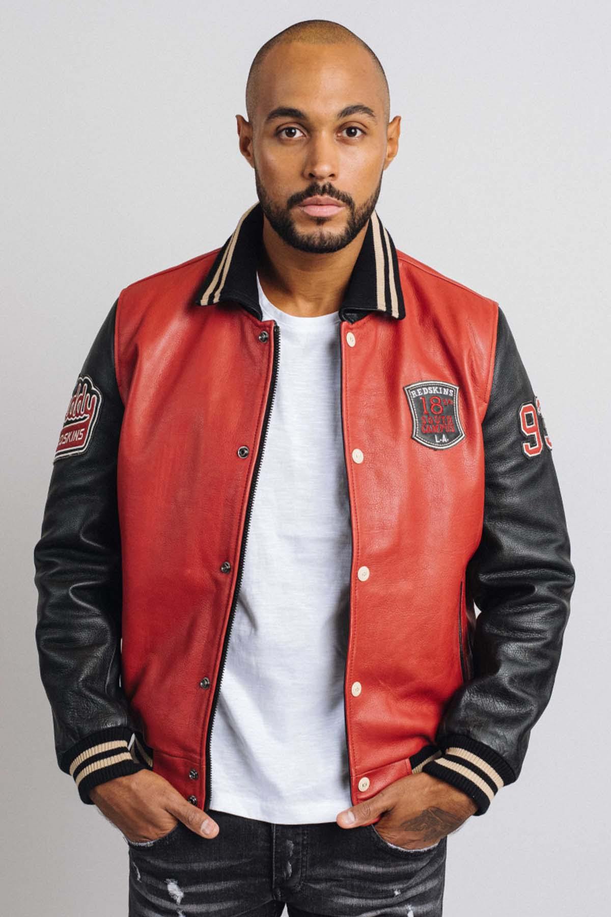 Red and black leather varsity teddy for men - Image n°10