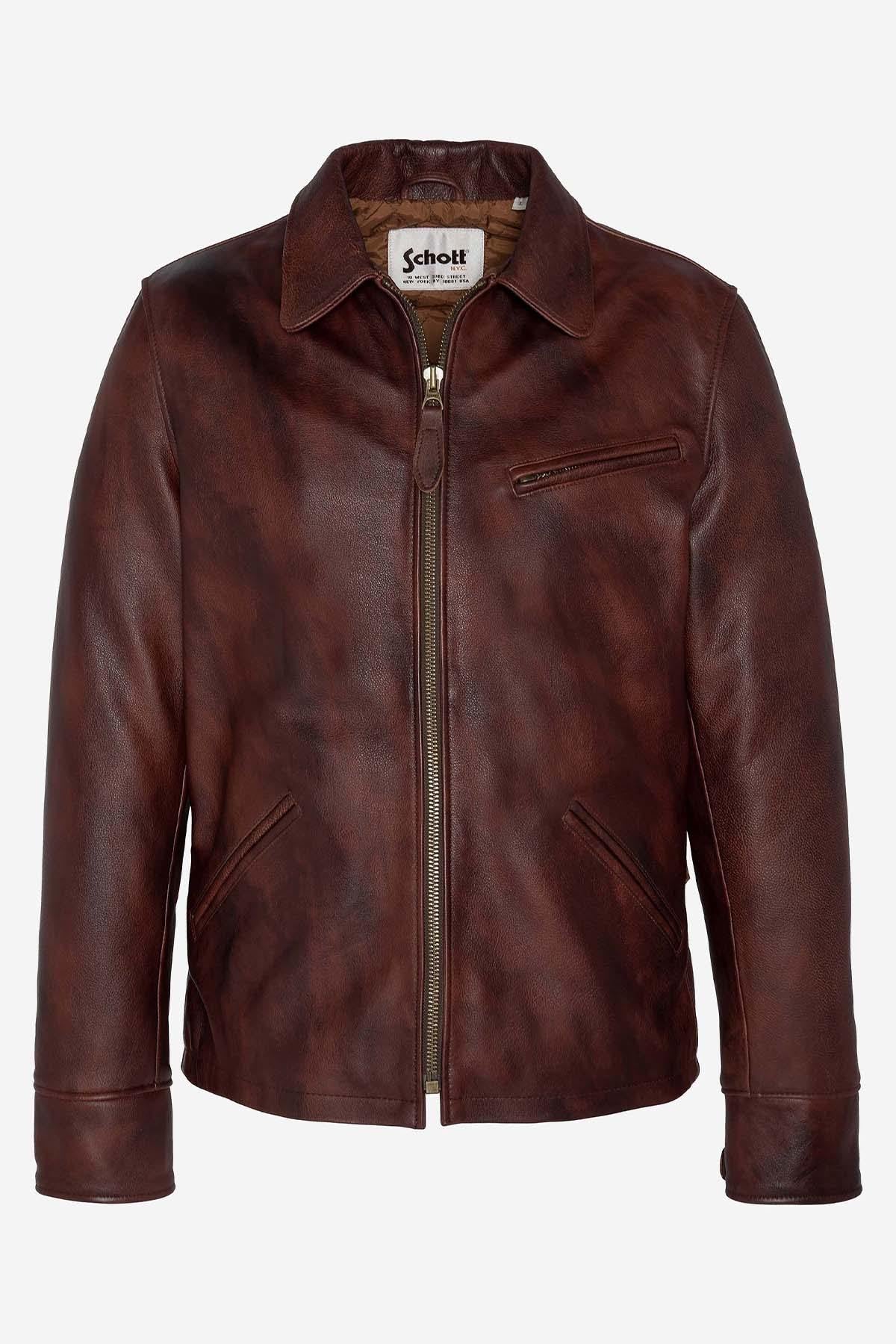 Brown burgundy leather jacket with shirt collar for men - Image n°9