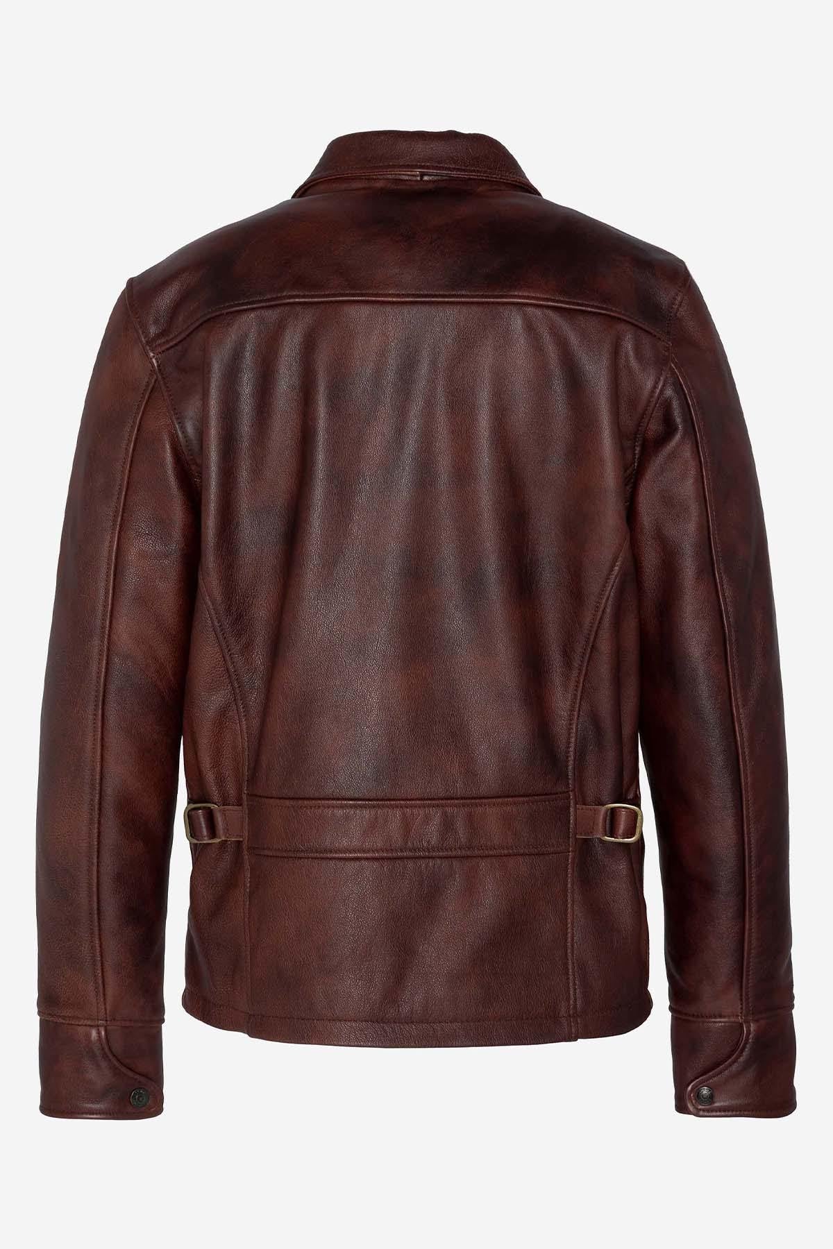 Brown burgundy leather jacket with shirt collar for men - Image n°10