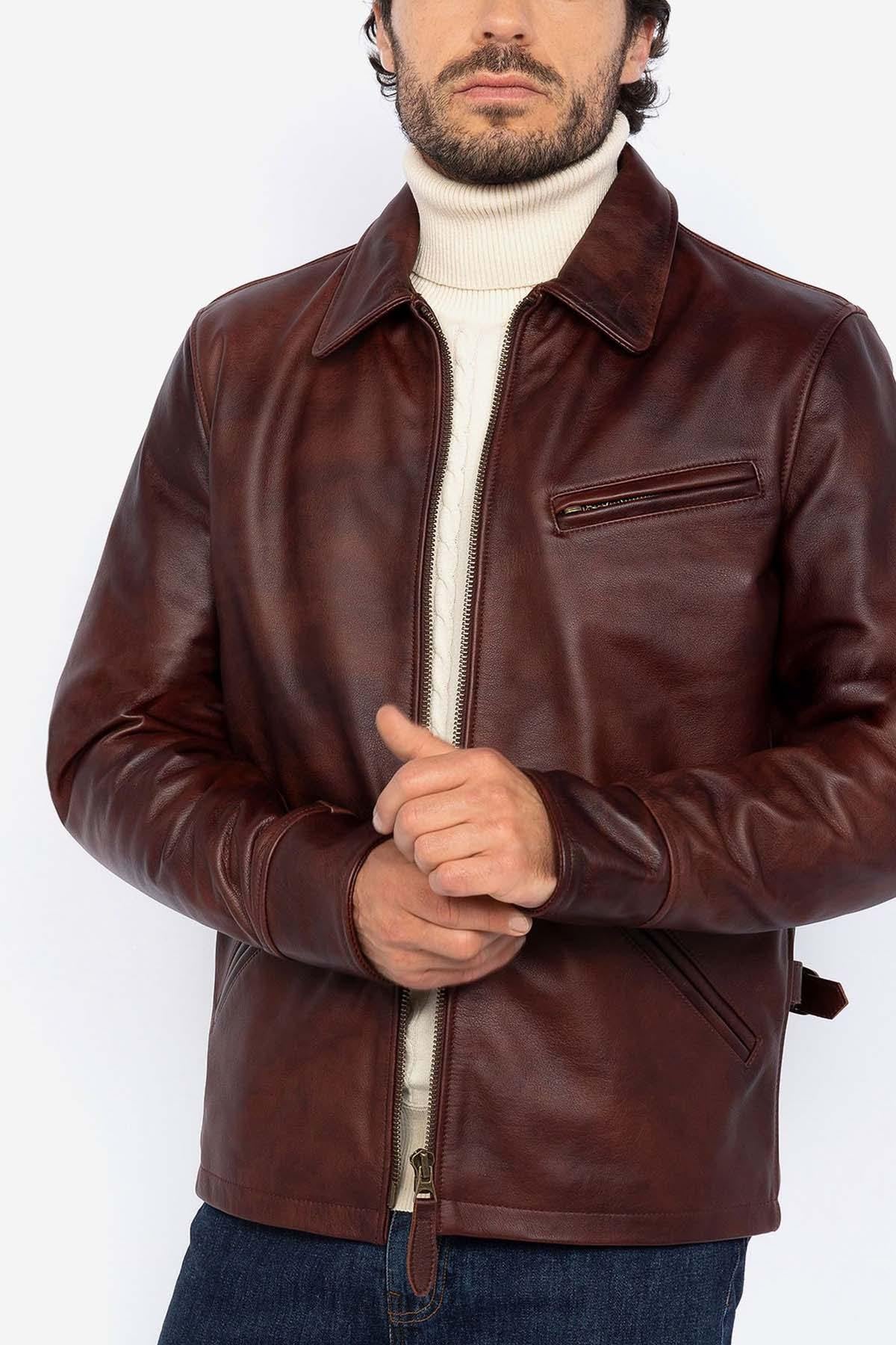 Brown burgundy leather jacket with shirt collar for men - Image n°3