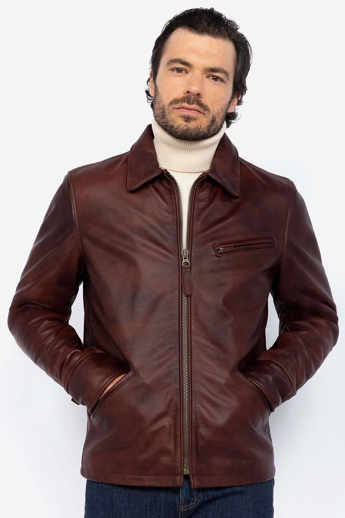 Brown burgundy leather jacket with shirt collar for men - Image n°5