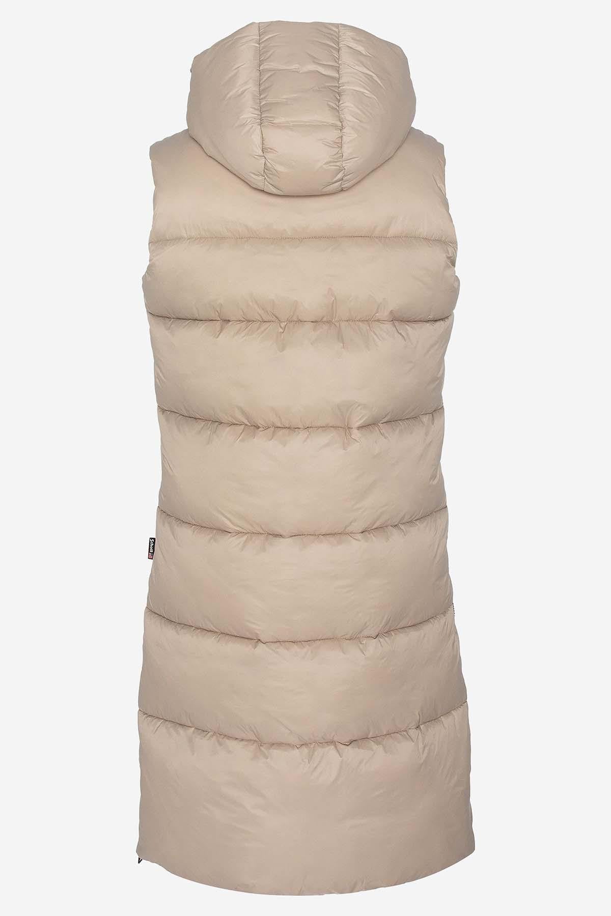 Women's extra long sleeveless down jacket in beige recycled nylon - Image n°8