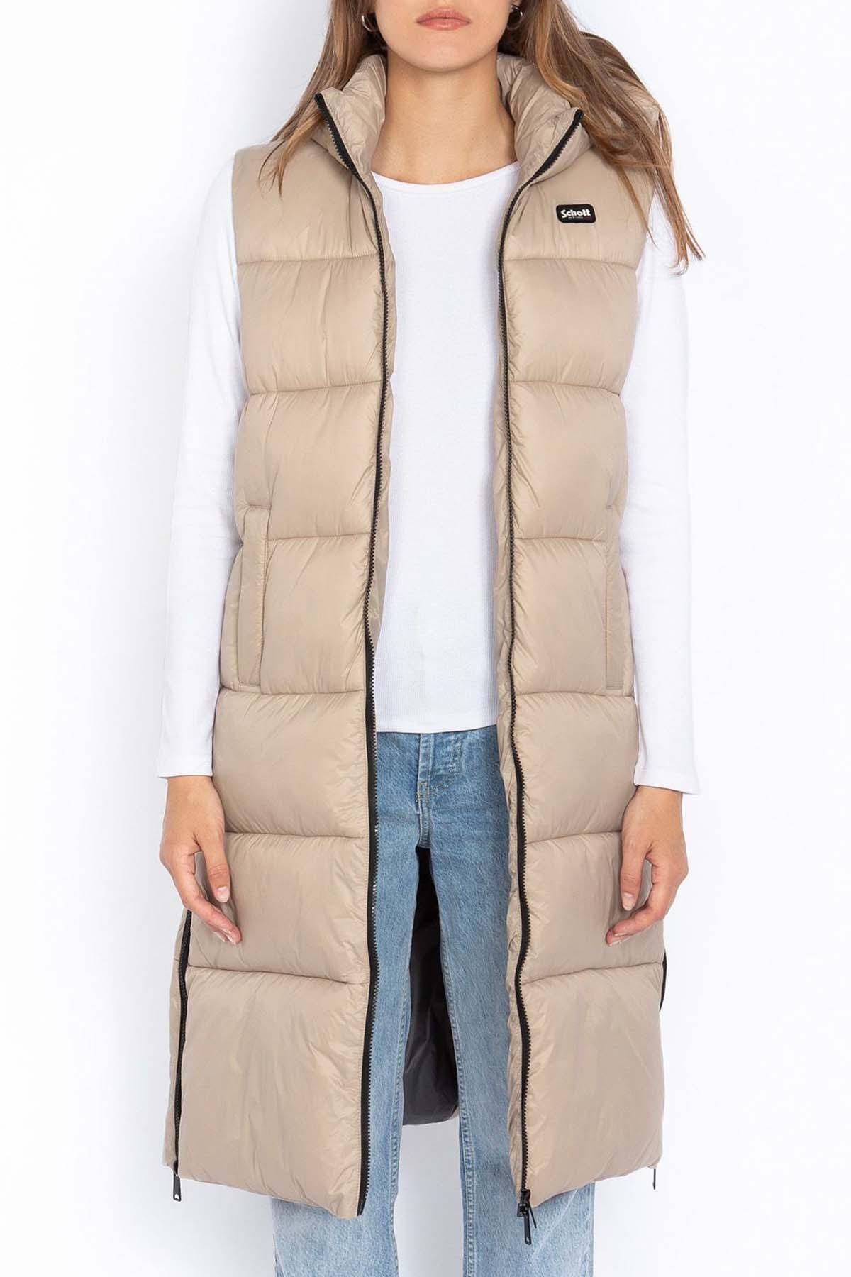 Women's extra long sleeveless down jacket in beige recycled nylon - Image n°6