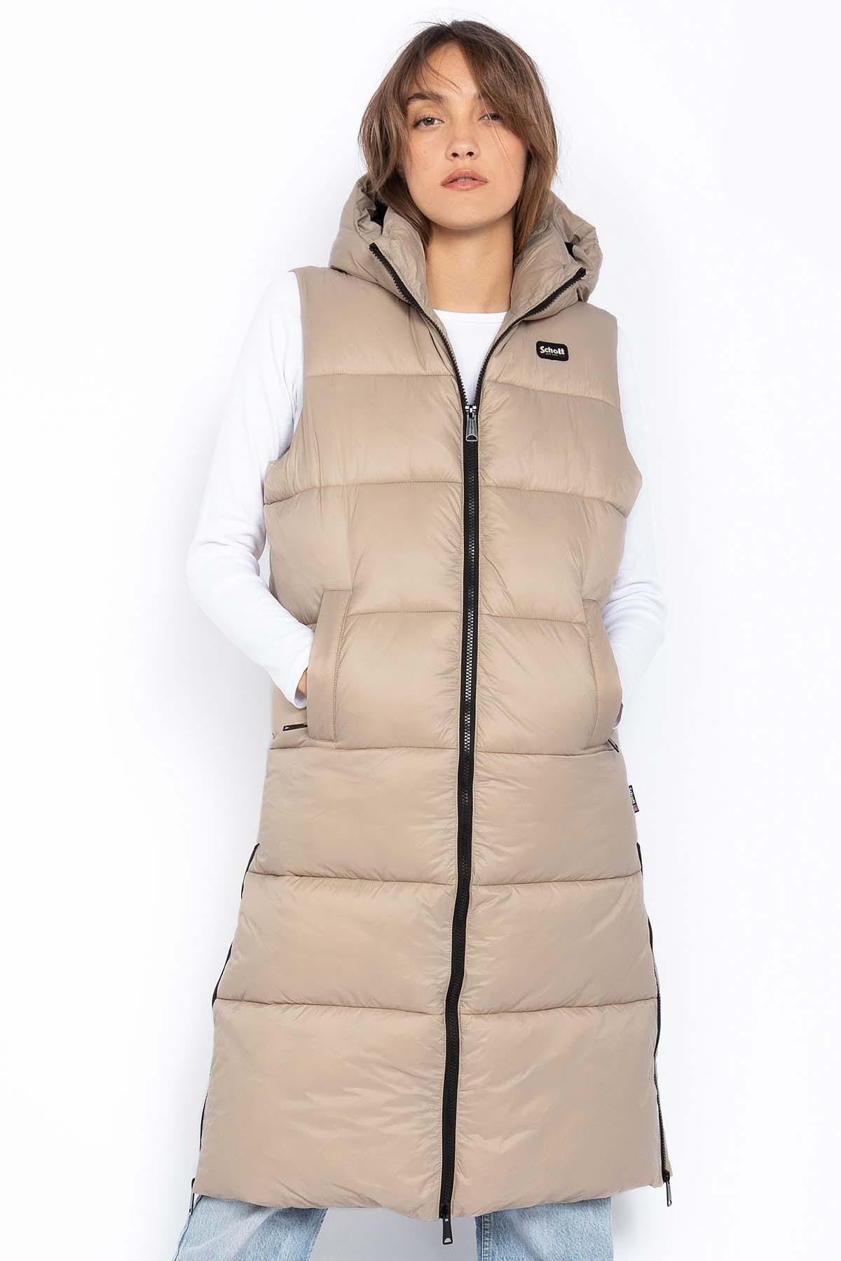 Women's extra long sleeveless down jacket in beige recycled nylon - Image n°1