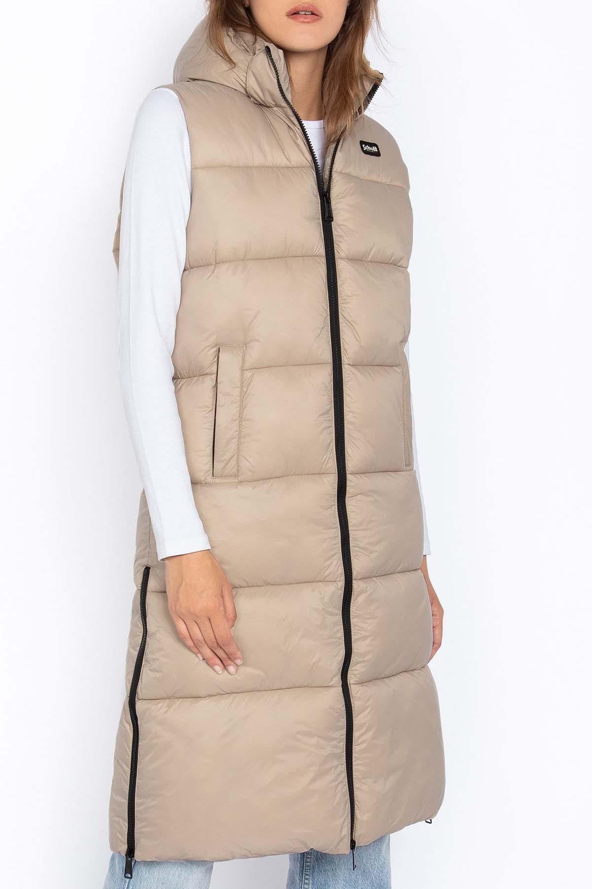 Women's extra long sleeveless down jacket in beige recycled nylon - Image n°5