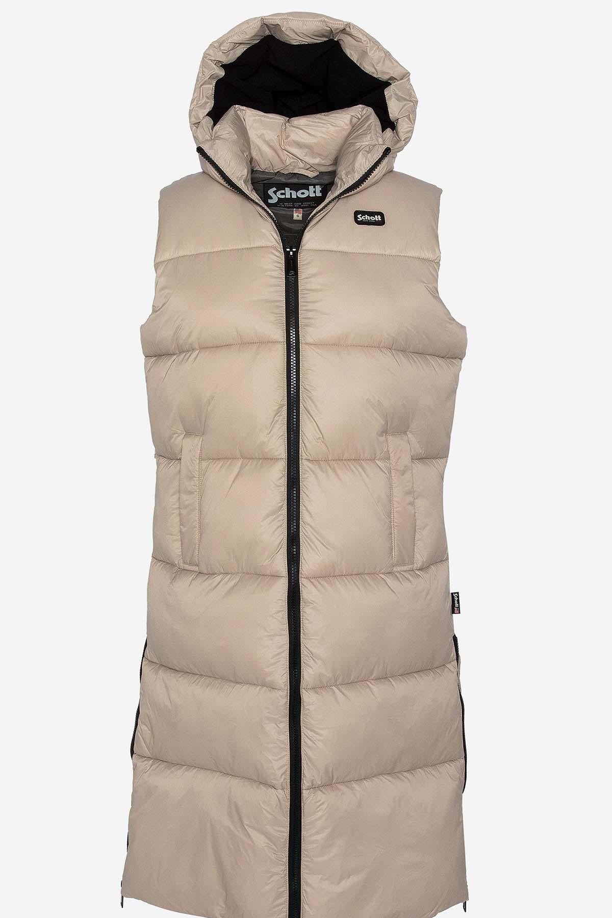 Women's extra long sleeveless down jacket in beige recycled nylon - Image n°7