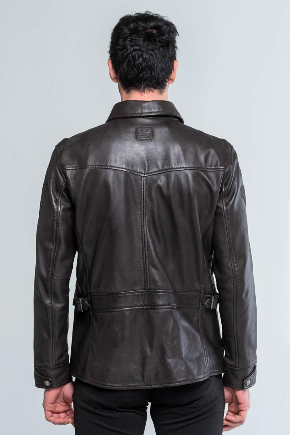 Men's dark brown shirt collar leather jacket - Image n°3