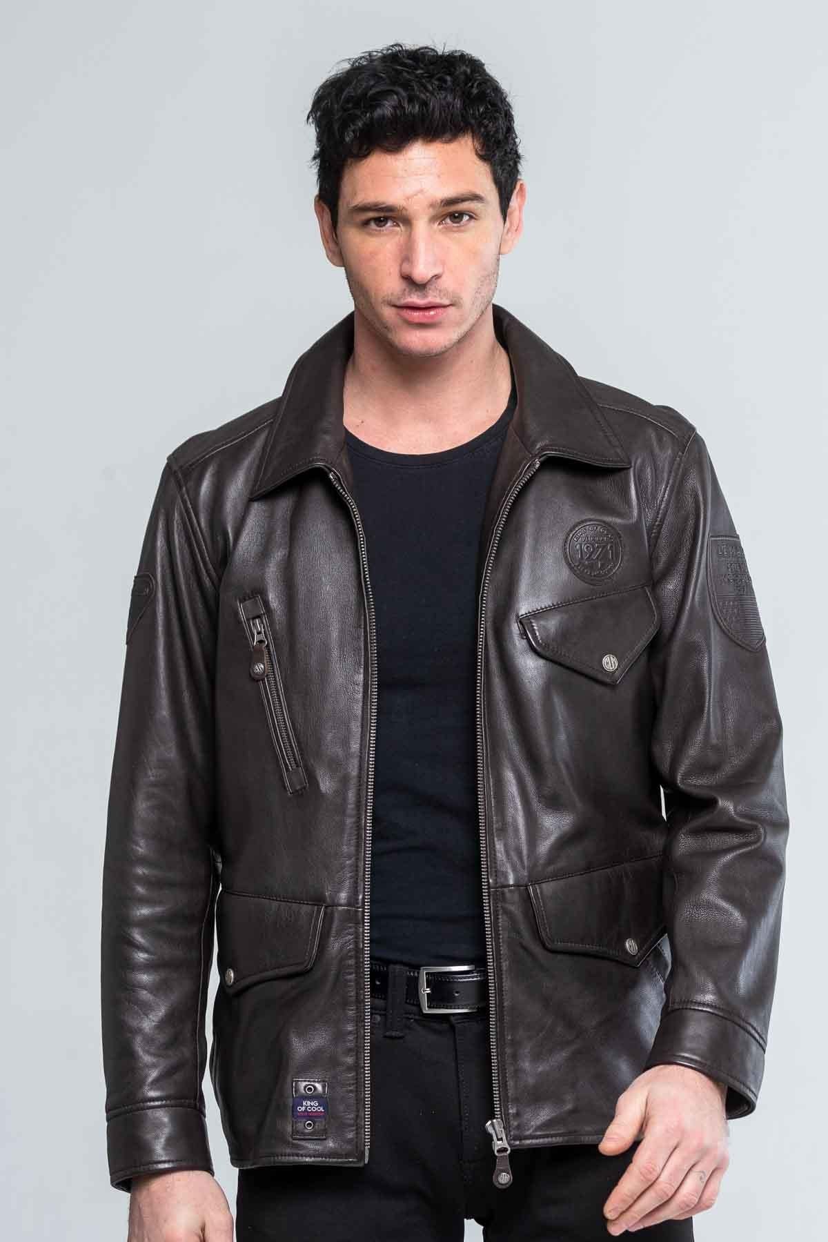 Men's dark brown shirt collar leather jacket - Image n°1