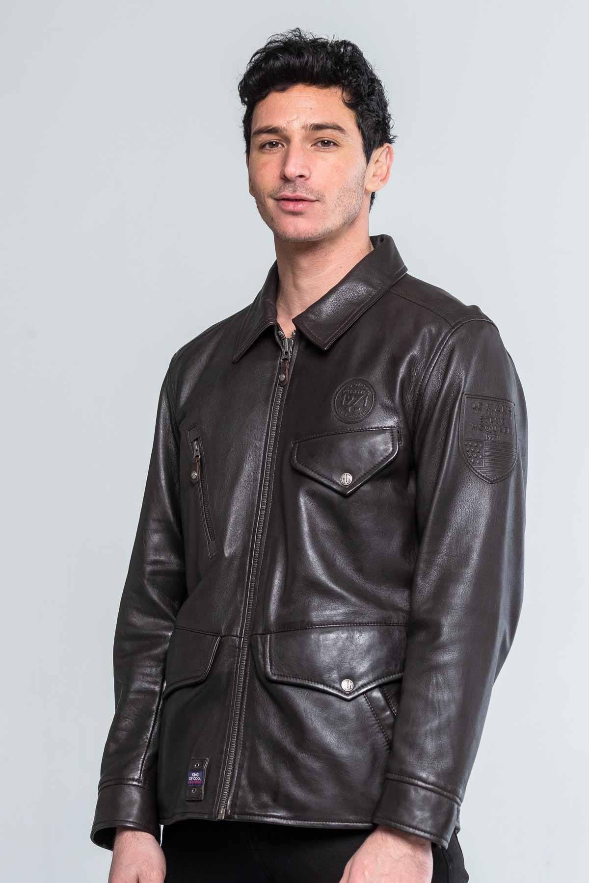 Men's dark brown shirt collar leather jacket - Image n°2