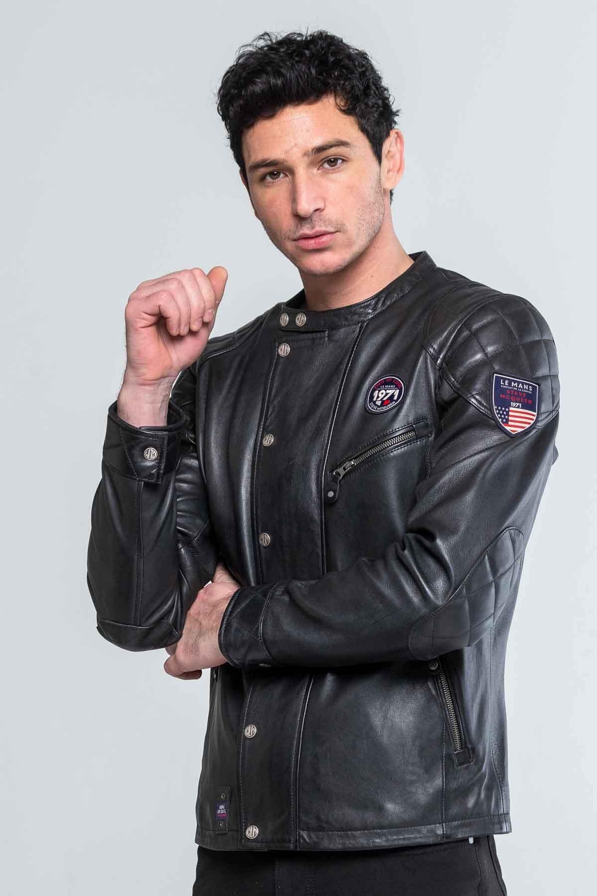 Men's black leather jacket with biker collar - Image n°1