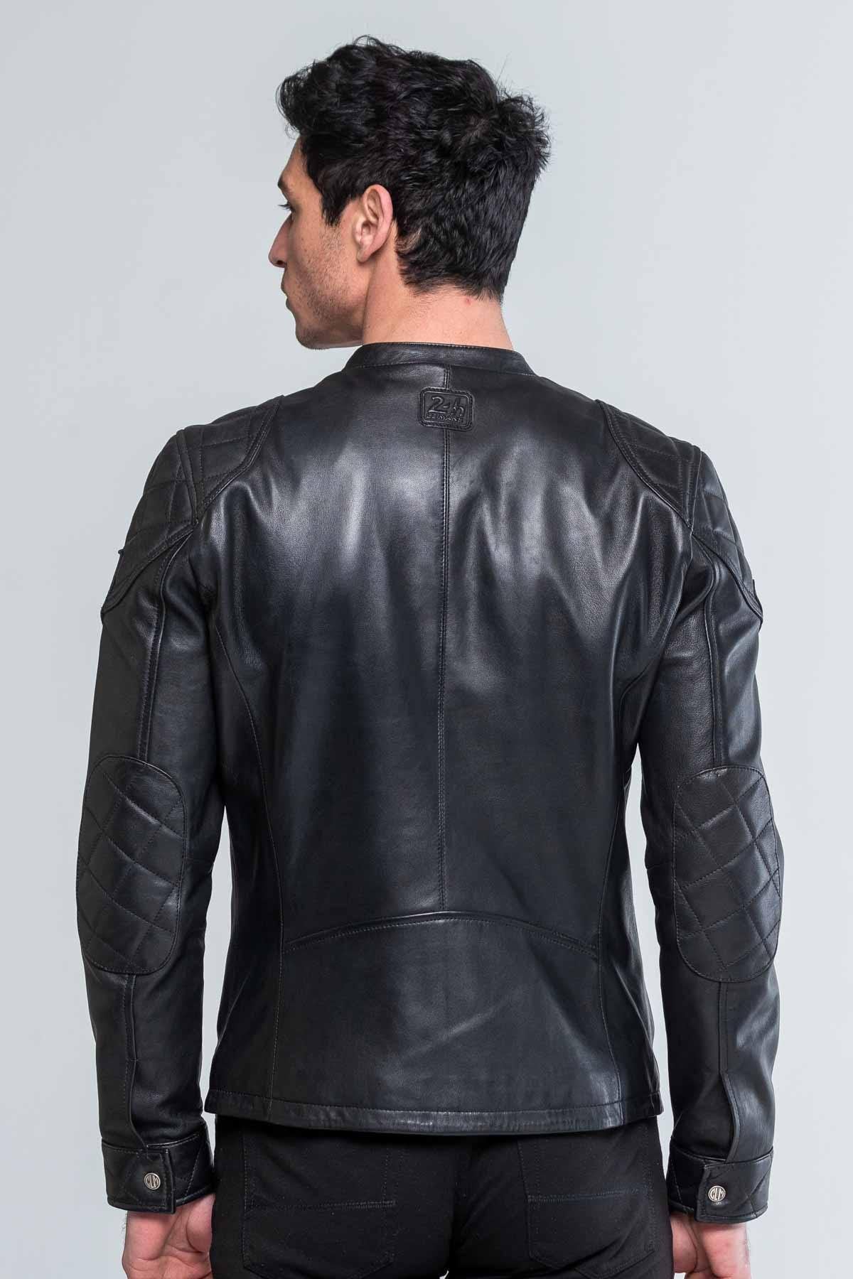 Men's black leather jacket with biker collar - Image n°3