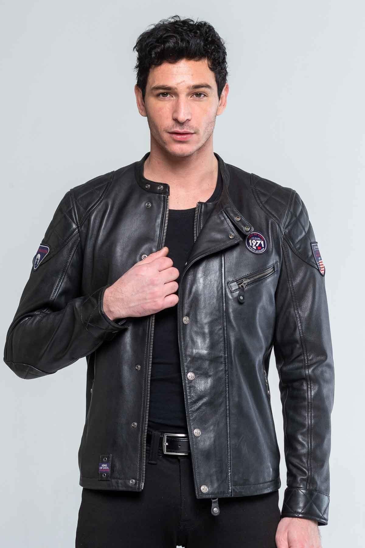 Men's black leather jacket with biker collar - Image n°2