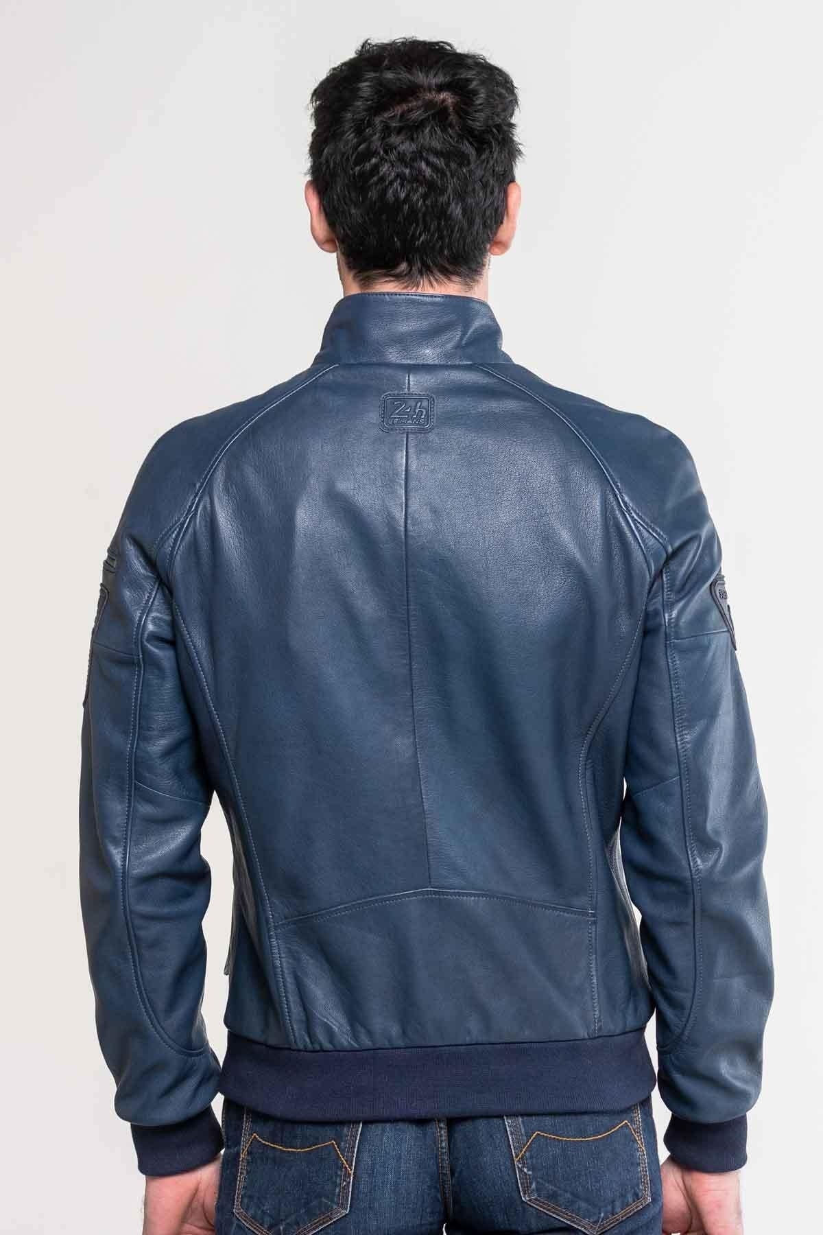 Men's royal blue biker collar leather jacket - Image n°2