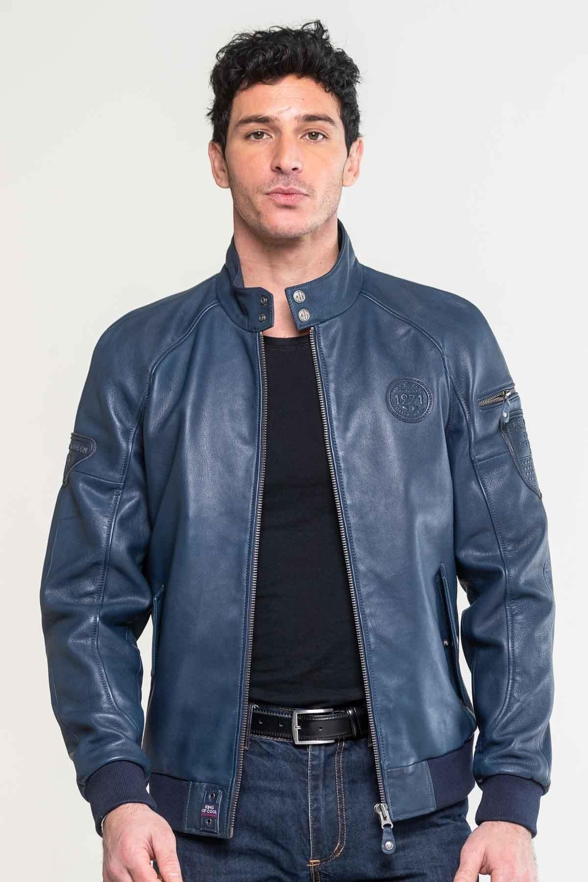 Men's royal blue biker collar leather jacket - Image n°1