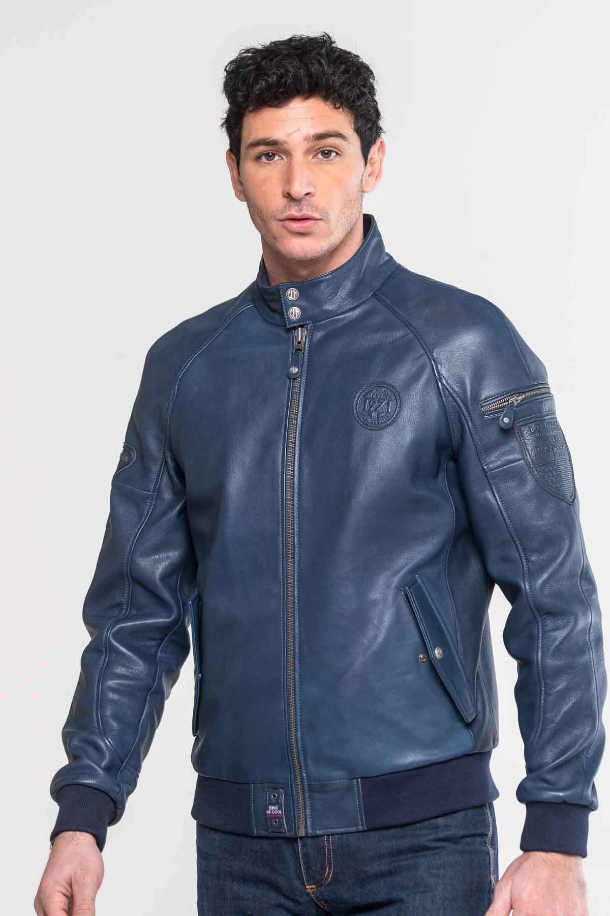 Men's royal blue biker collar leather jacket - Image n°3