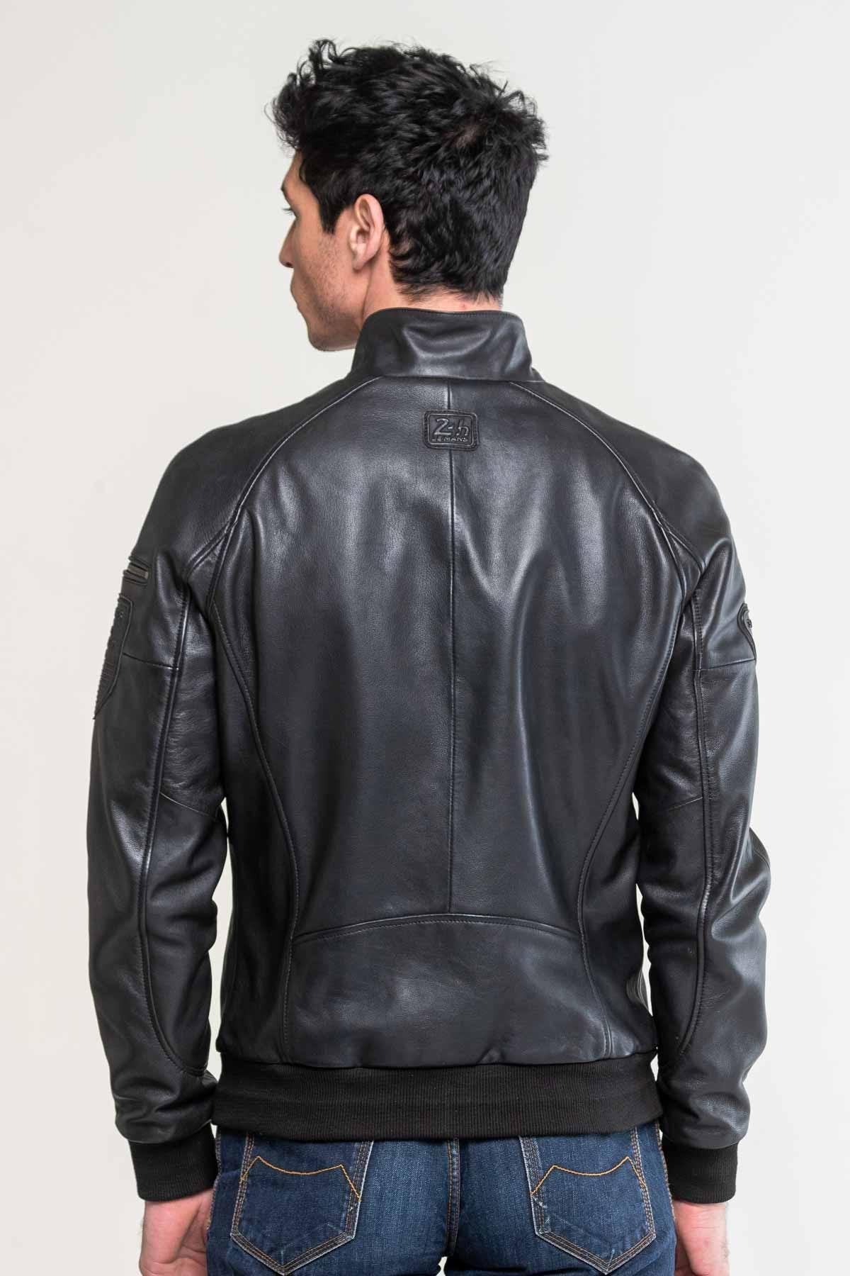 Men's black leather jacket with biker collar - Image n°3