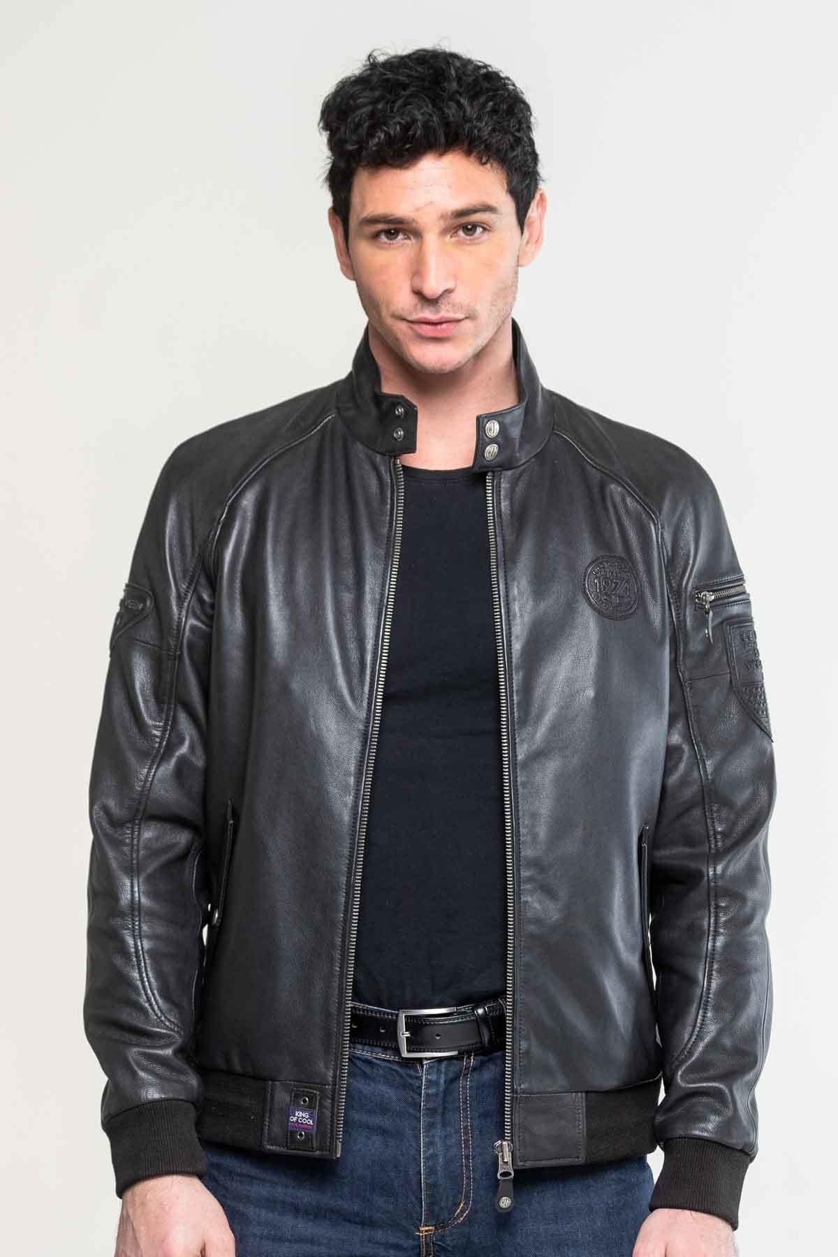 Men's black leather jacket with biker collar - Image n°1