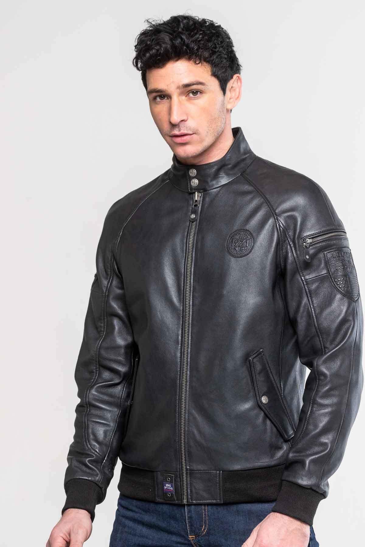 Men's black leather jacket with biker collar - Image n°2