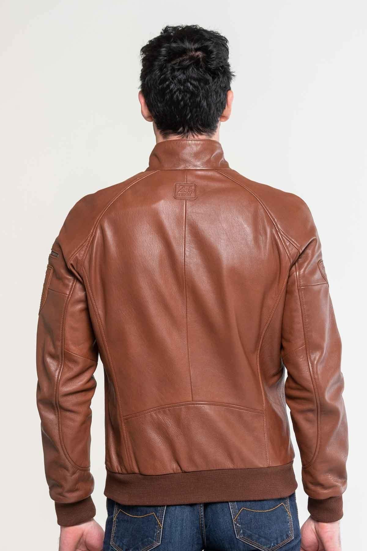 Men's tortoise biker collar leather jacket - Image n°3