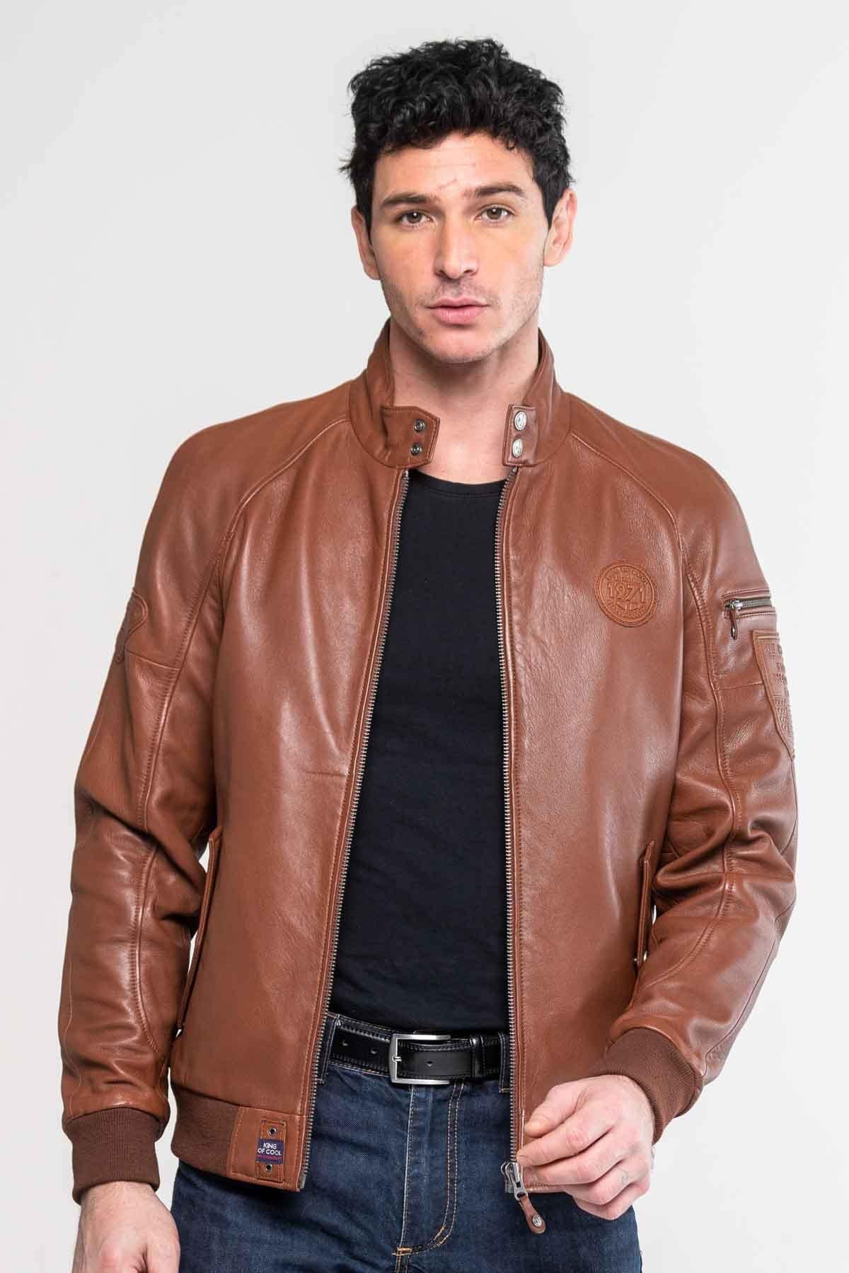 Men's tortoise biker collar leather jacket - Image n°1