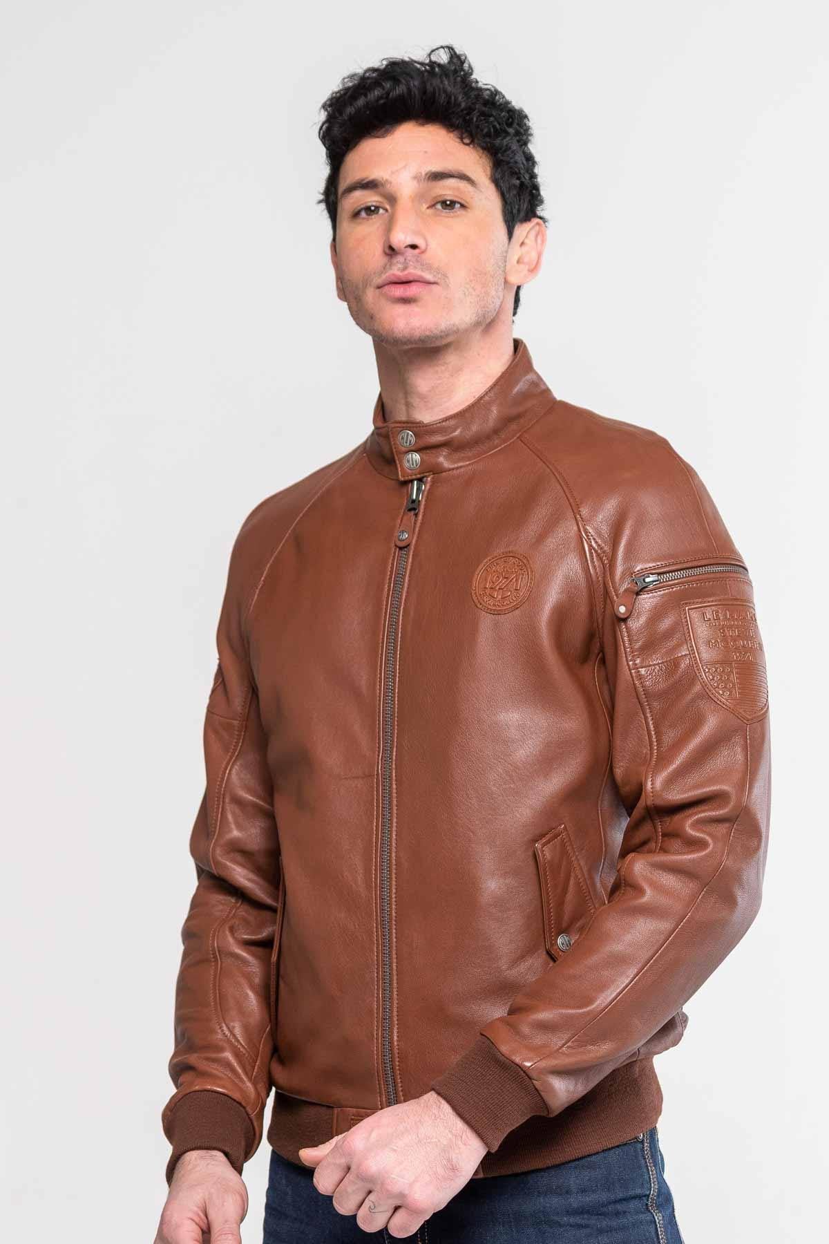 Men's tortoise biker collar leather jacket - Image n°2