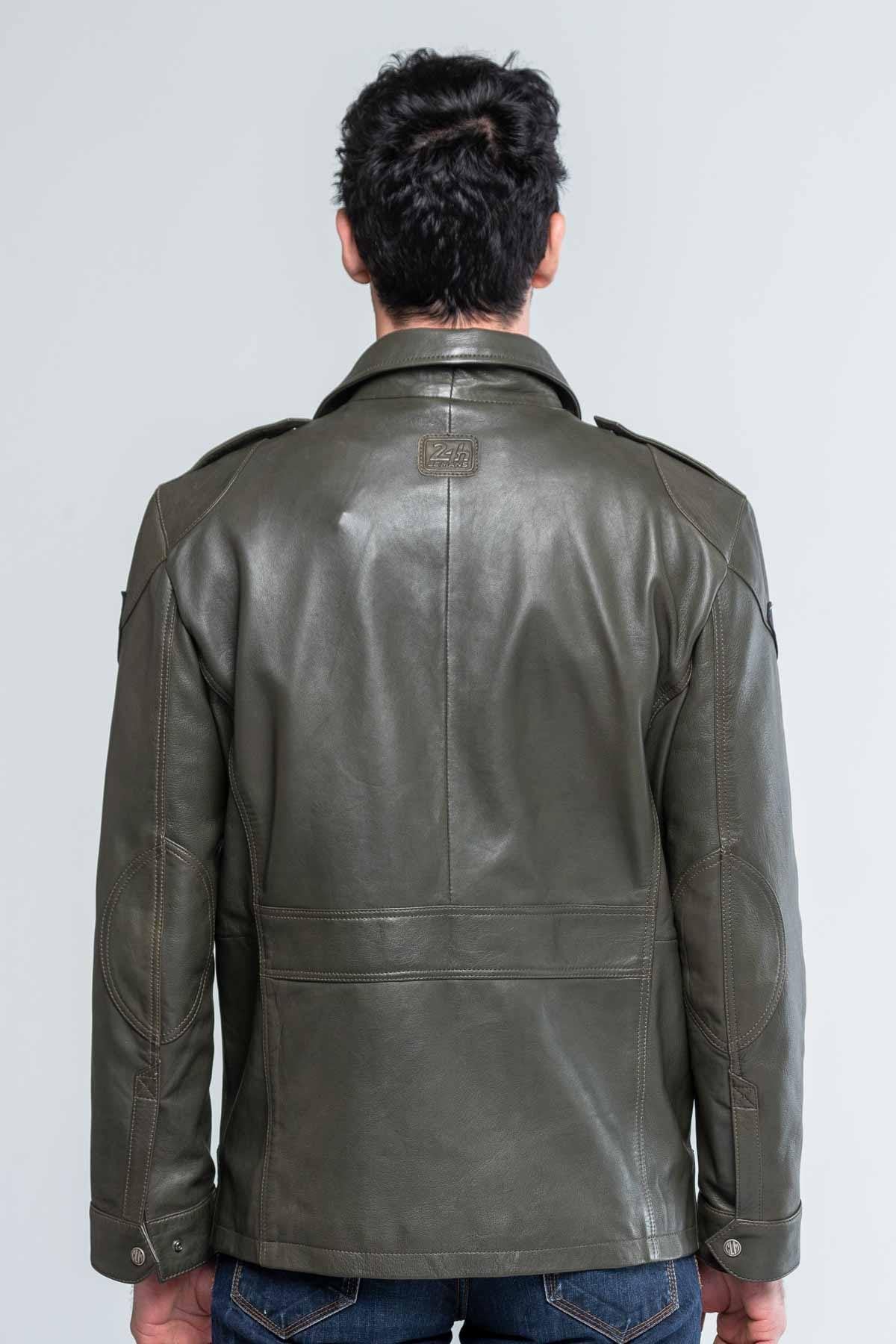 Men's dark khaki shirt collar leather jacket - Image n°3