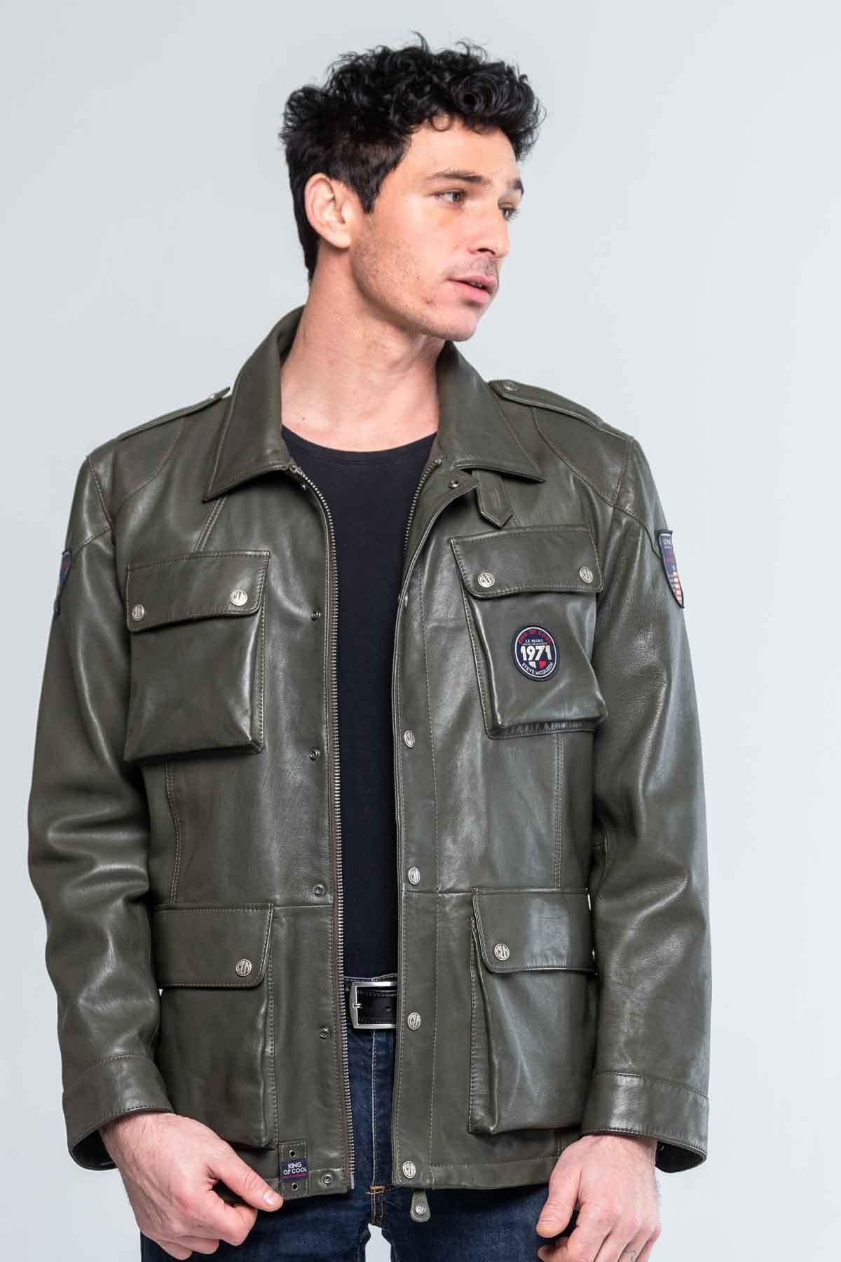 Men's dark khaki shirt collar leather jacket - Image n°1