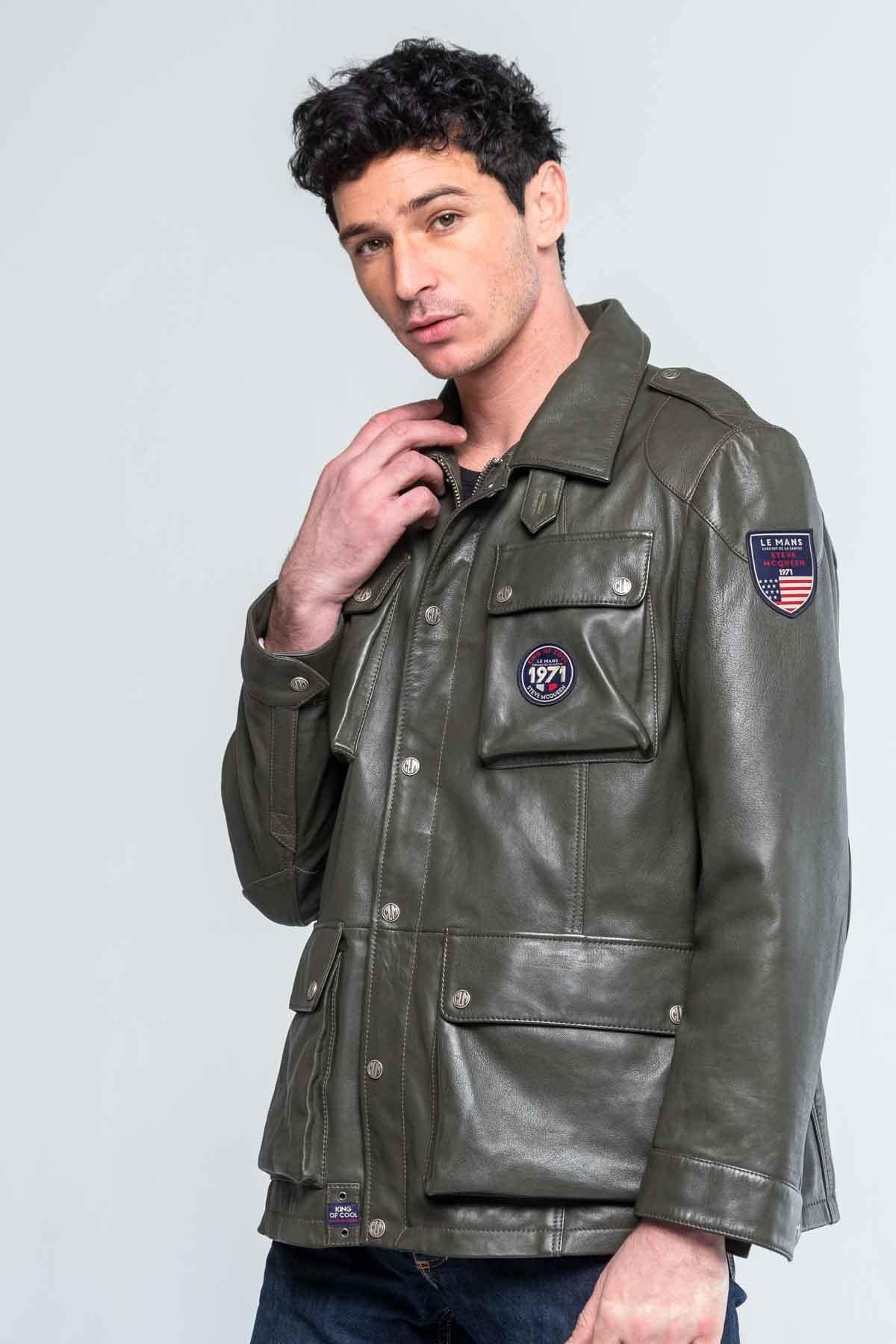 Men's dark khaki shirt collar leather jacket - Image n°2