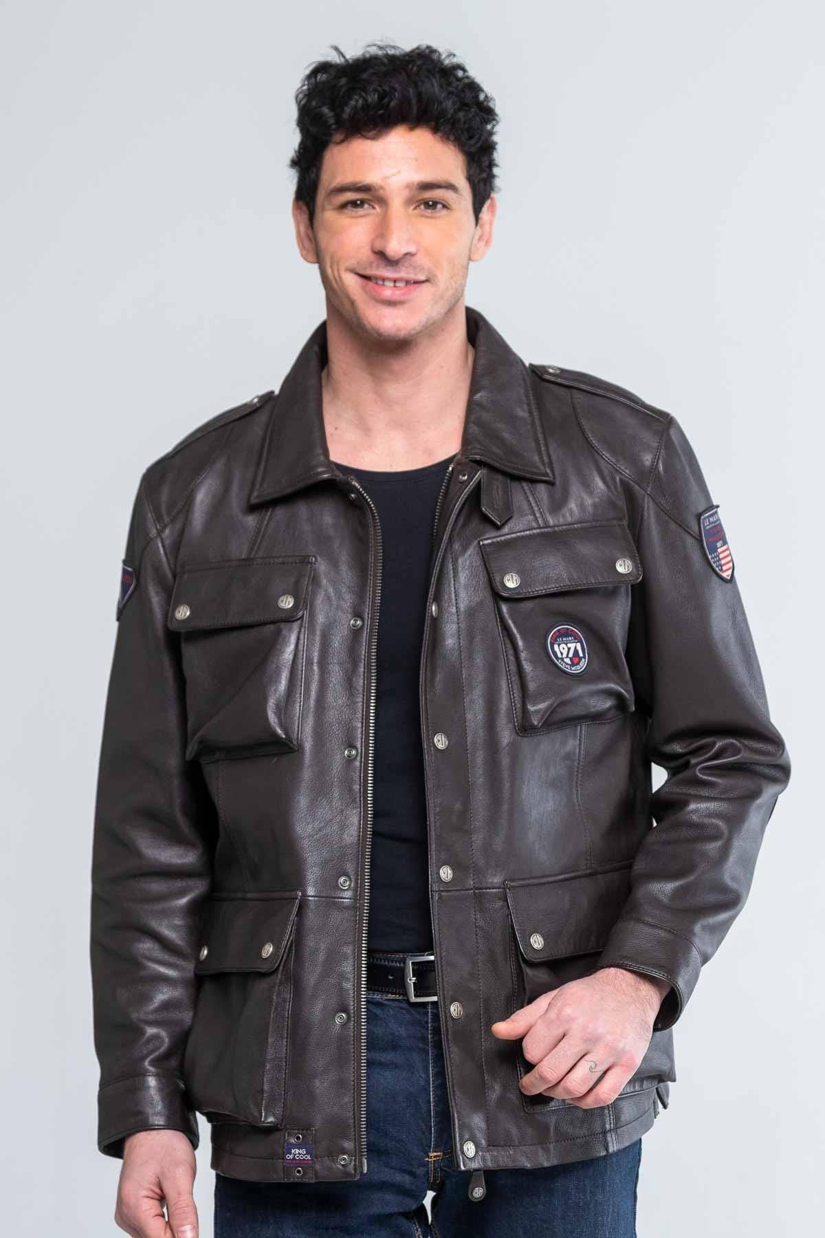 Men's dark brown shirt collar leather jacket - Image n°2