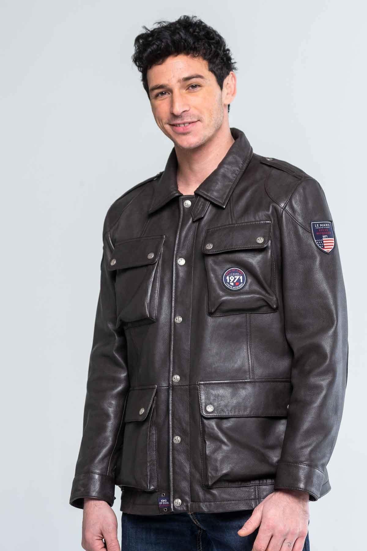 Men's dark brown shirt collar leather jacket - Image n°1