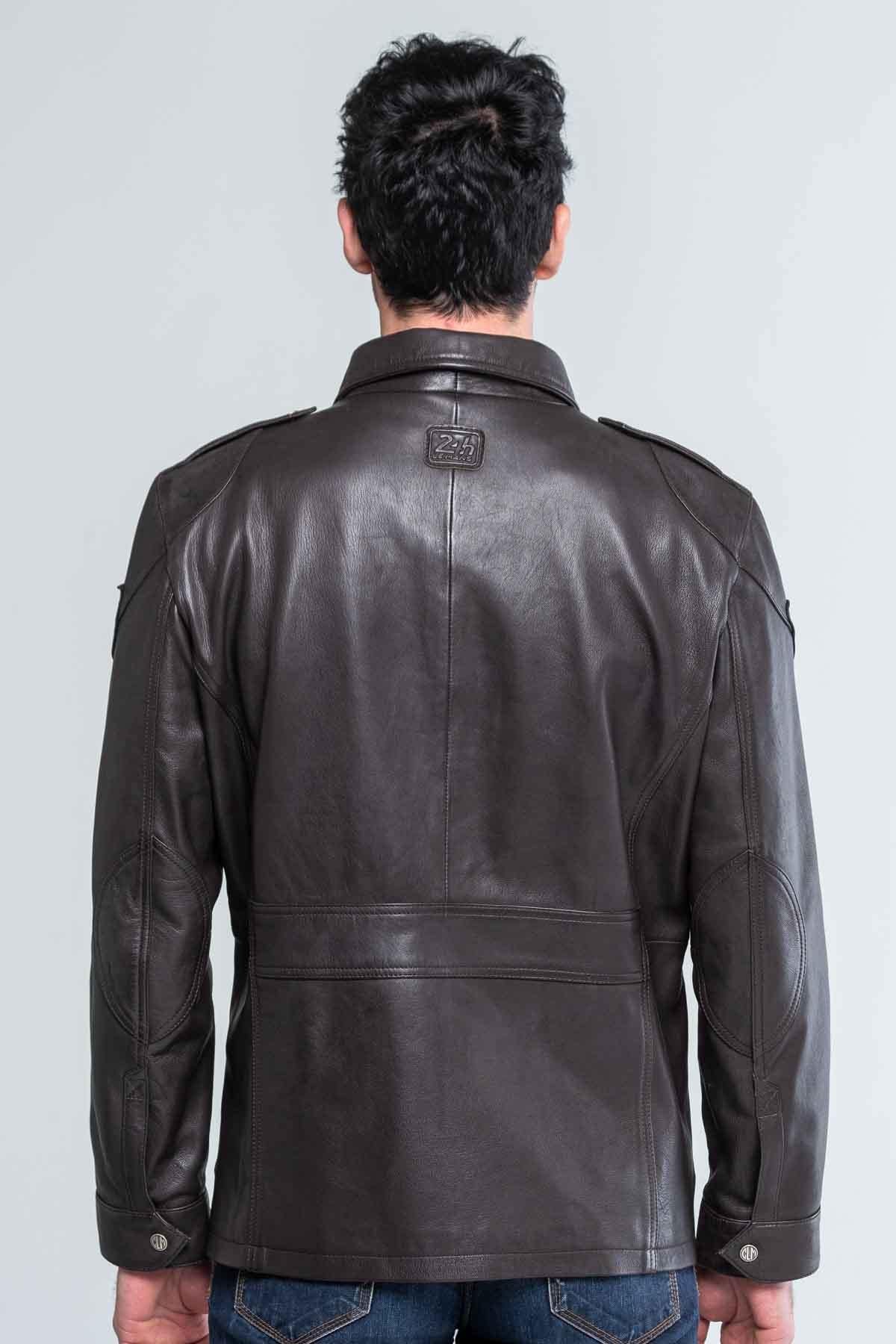 Men's dark brown shirt collar leather jacket - Image n°3