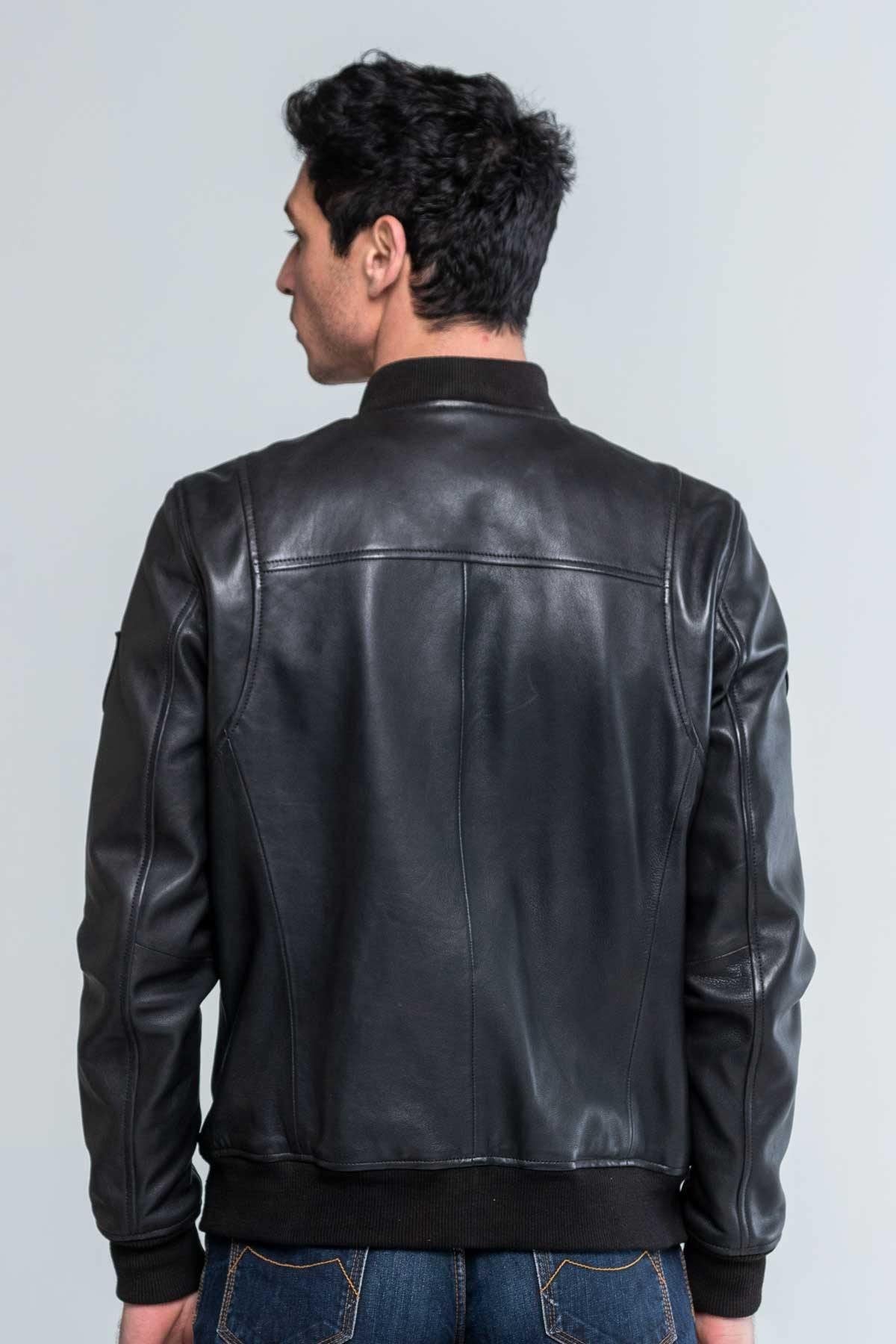 Men's black round-neck leather jacket - Image n°2