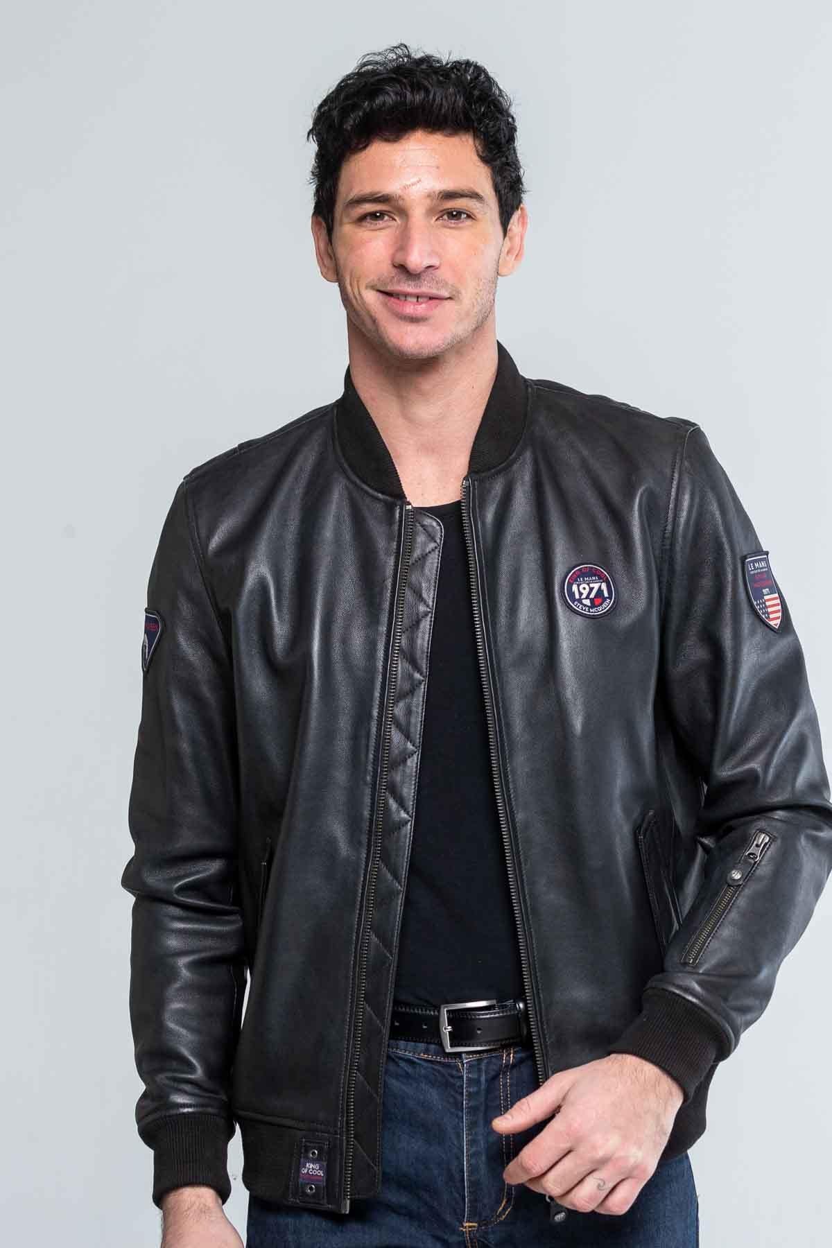 Men's black round-neck leather jacket - Image n°1