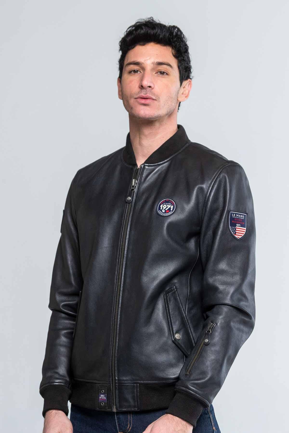 Men's black round-neck leather jacket - Image n°3