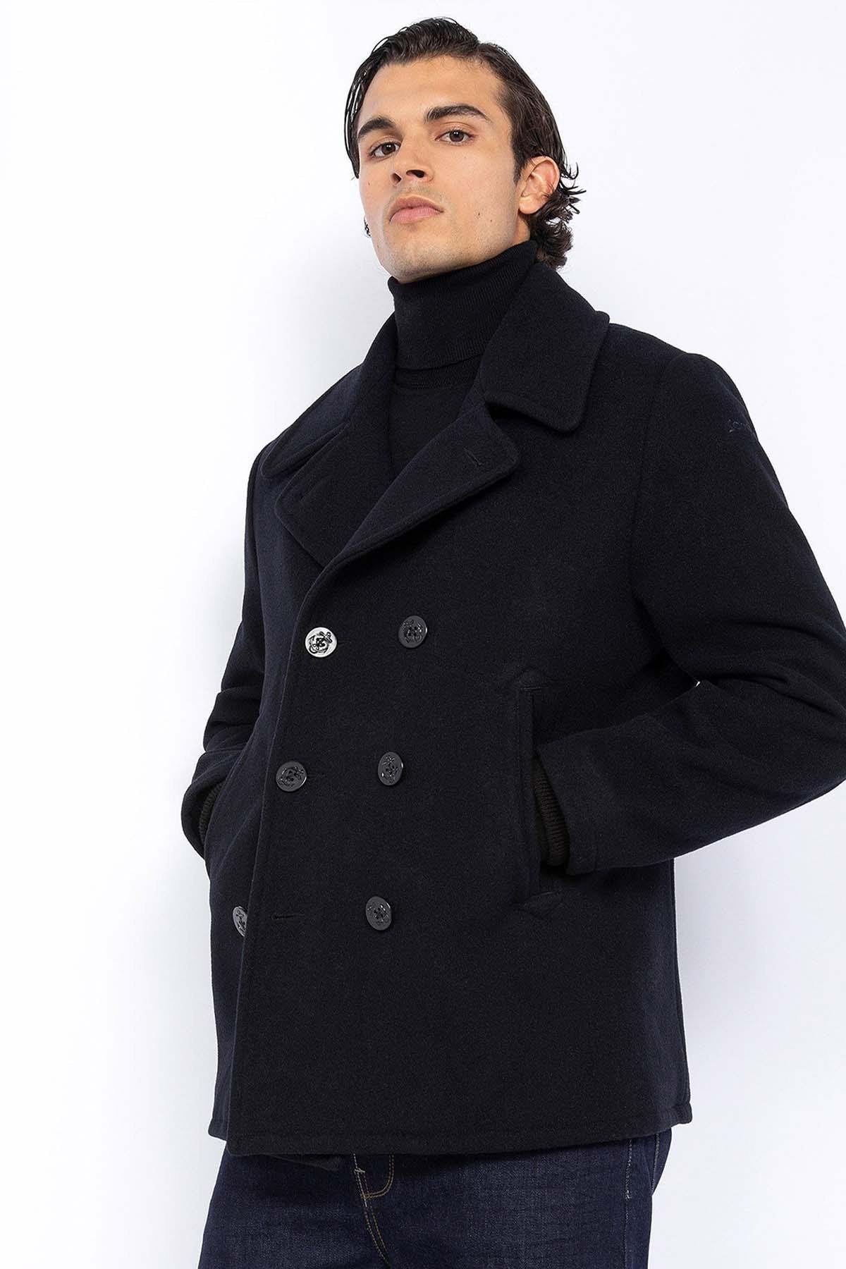 Dark navy wool pea coat for men - Image n°1