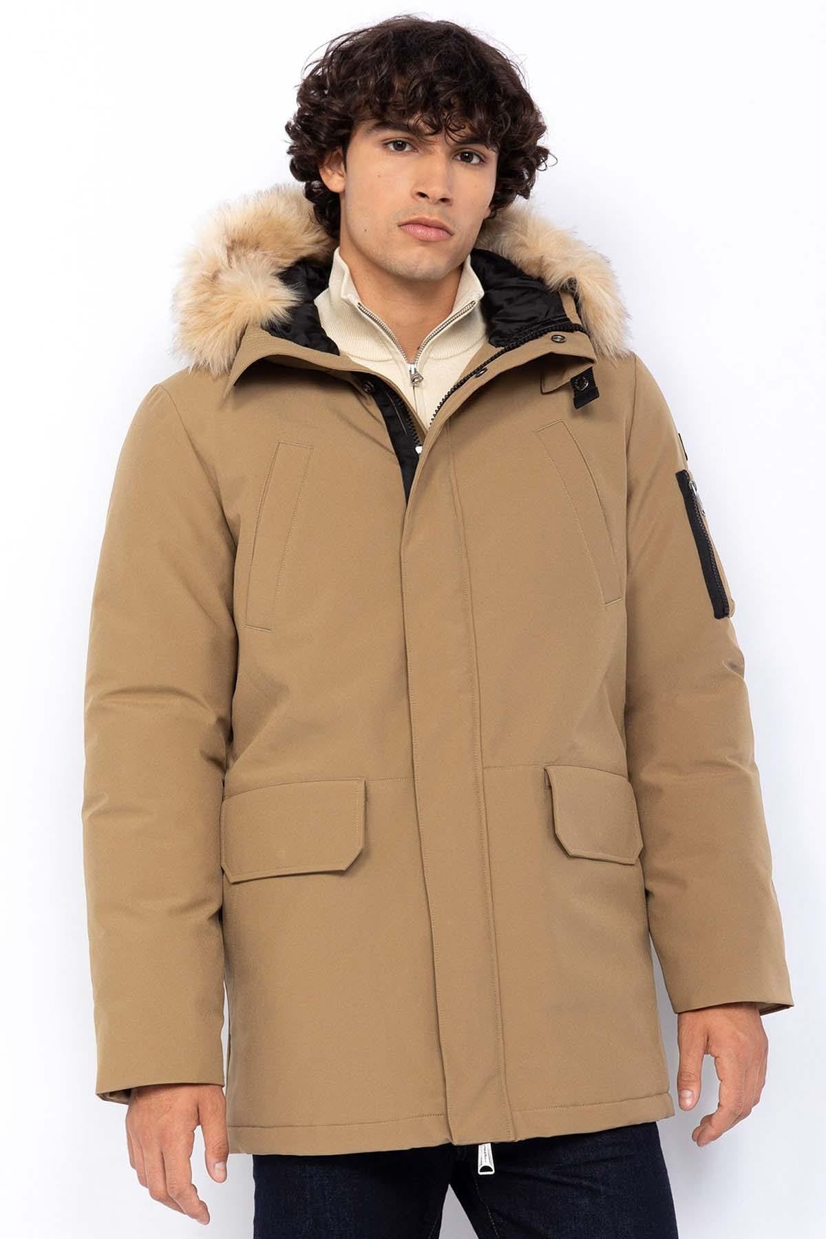 Dark beige snorkel parka with removable fur hood - Image n°1