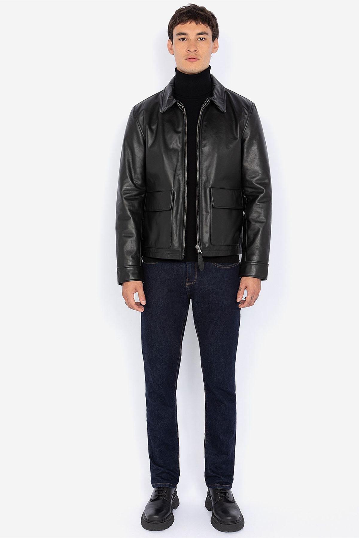 Men's black leather jacket with shirt collar - Image n°5