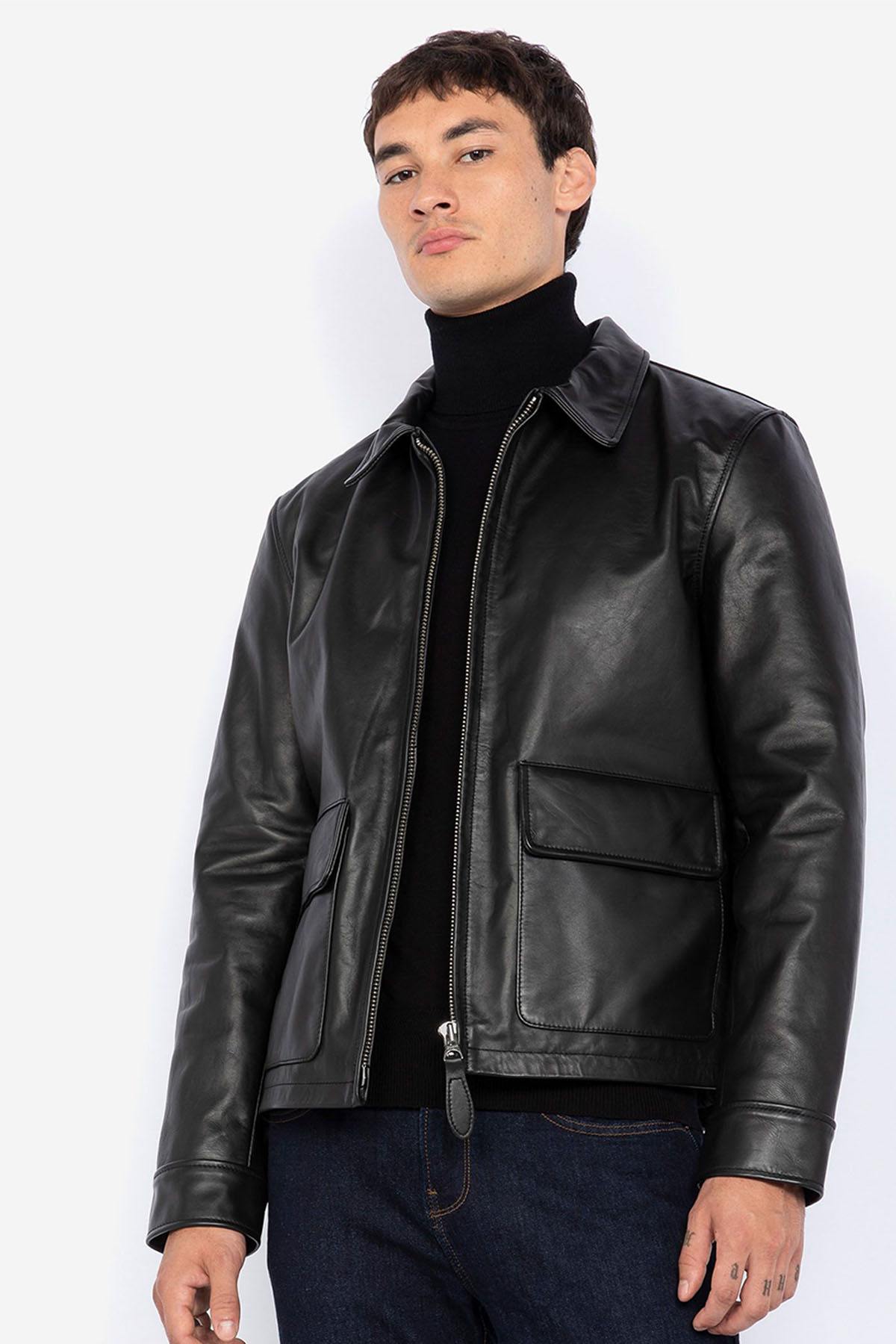 Men's black leather jacket with shirt collar - Image n°1