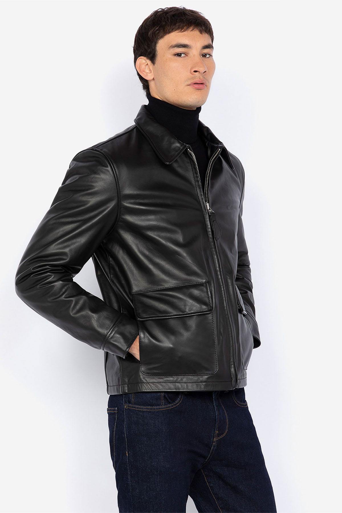 Men's black leather jacket with shirt collar - Image n°3