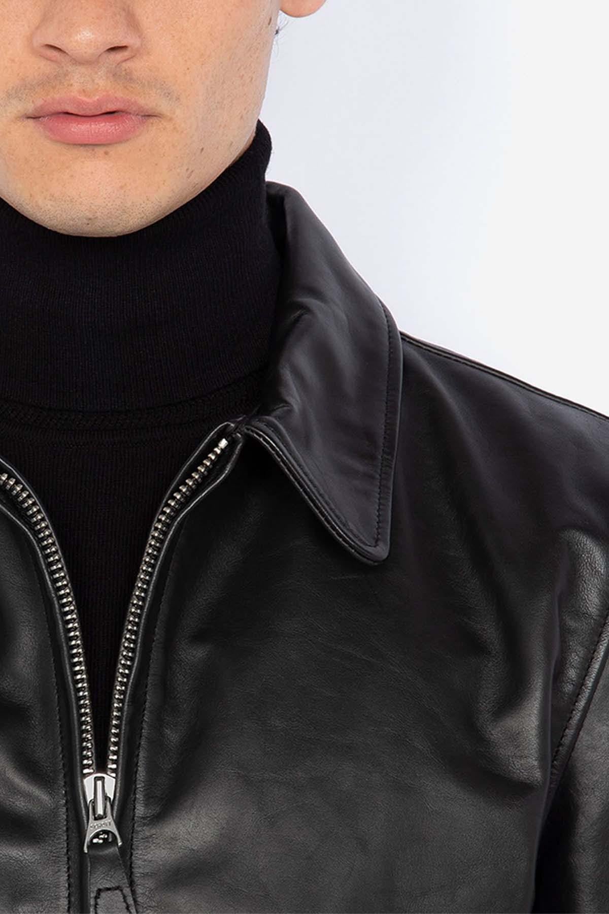 Men's black leather jacket with shirt collar - Image n°4